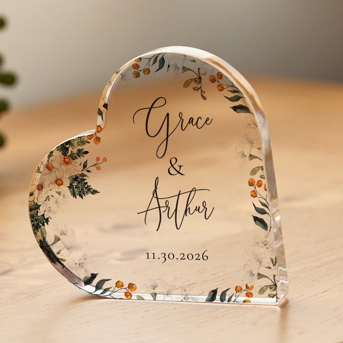 Couple Plaque Gift for Wedding, Personalized Acrylic Keepsake, Floral Anniversary Decor for Newlyweds
