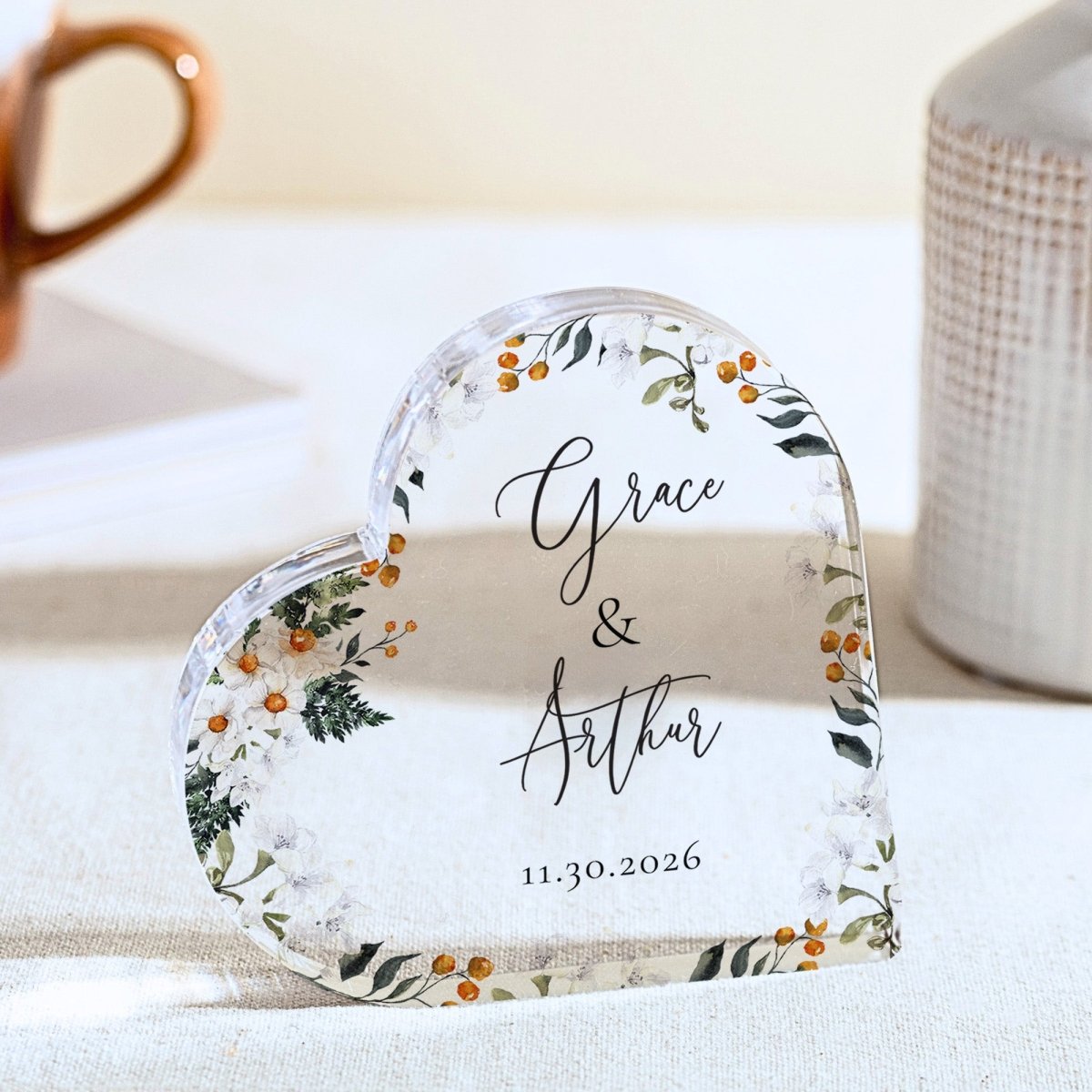 Couple Plaque Gift for Wedding, Personalized Acrylic Keepsake, Floral Anniversary Decor for Newlyweds