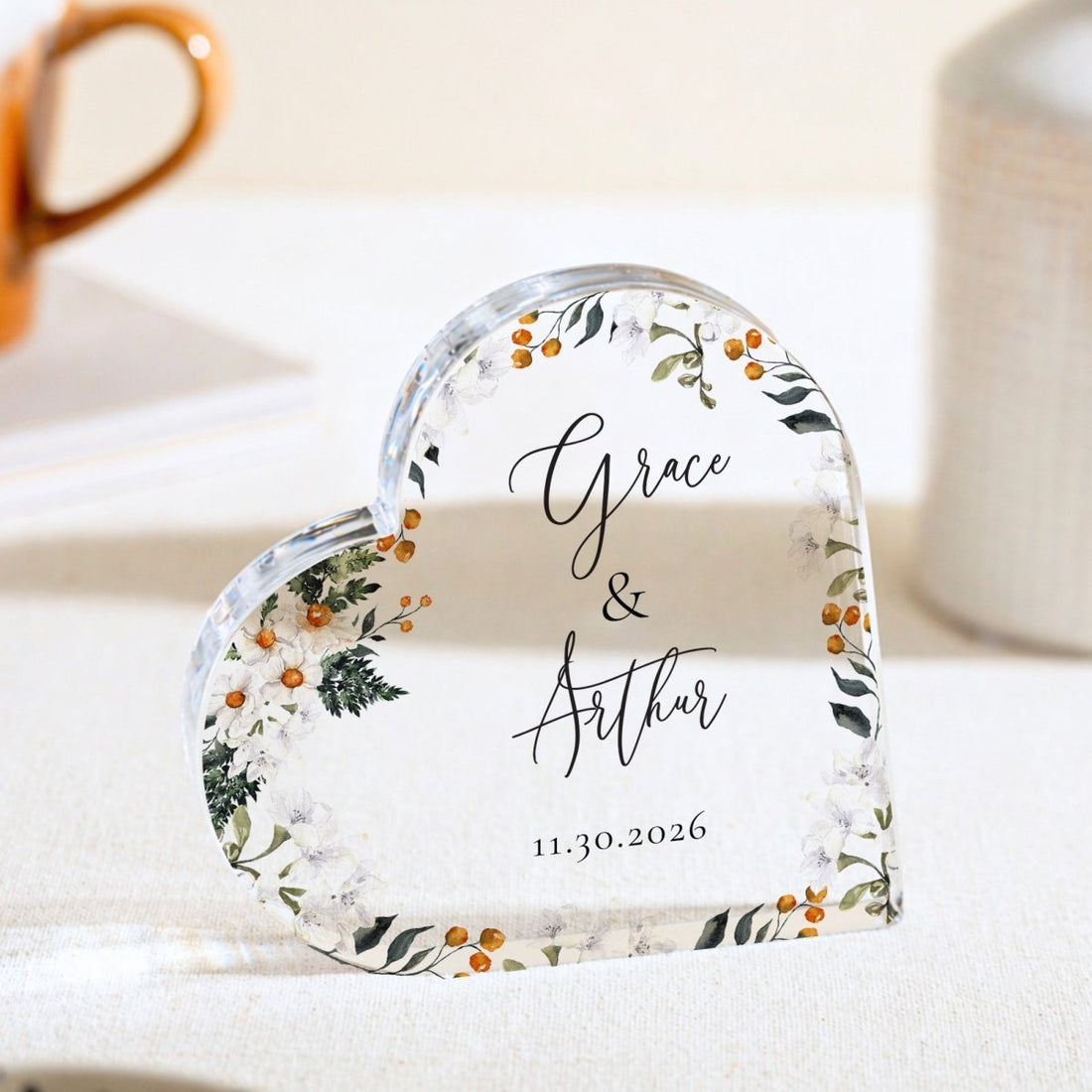 Couple Plaque Gift for Wedding, Personalized Acrylic Keepsake, Floral Anniversary Decor for Newlyweds