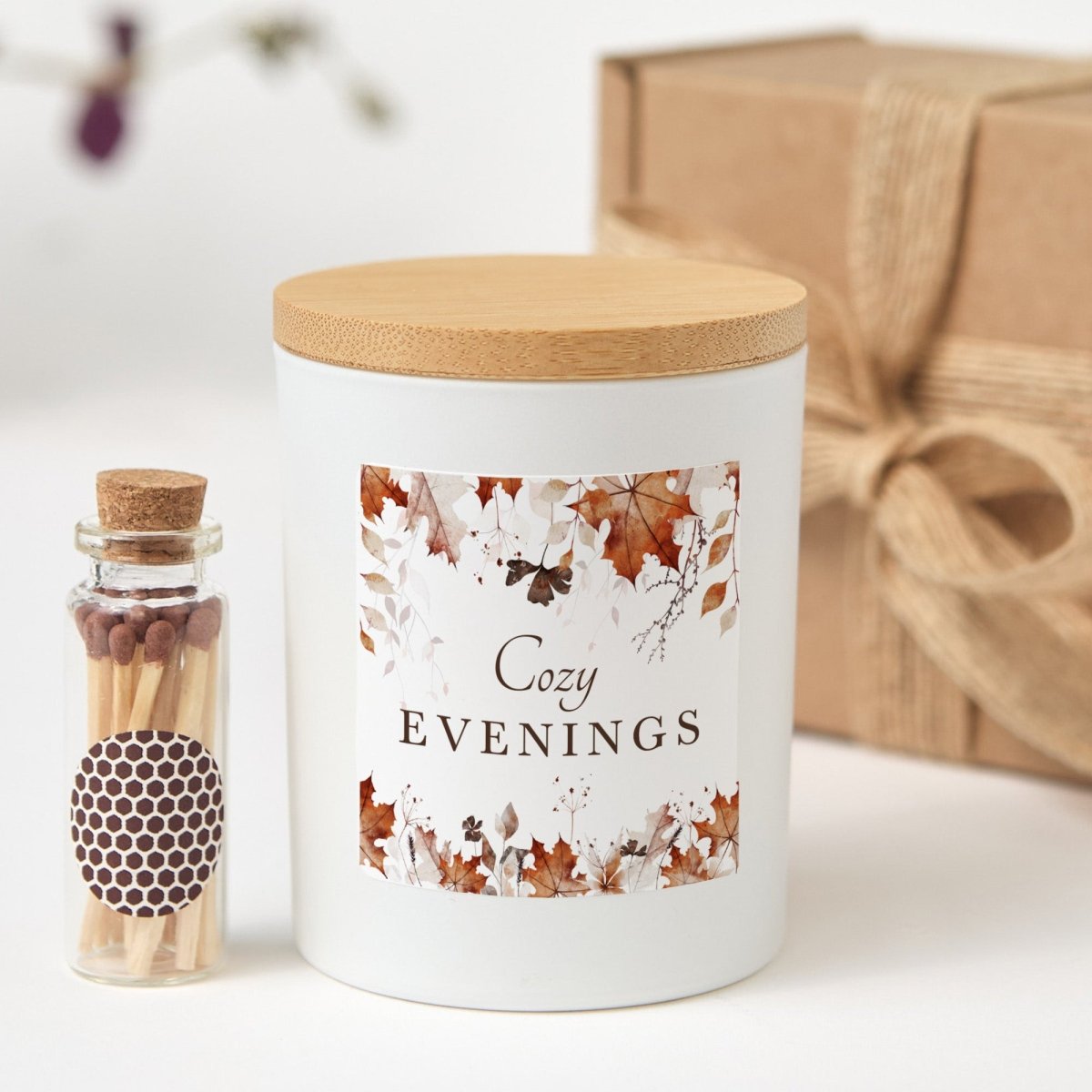 Cozy Evenings Candle; Autumn Home Decor Gift, Matte Black Jar, Bamboo Lid, Gift Box and Mini Matches