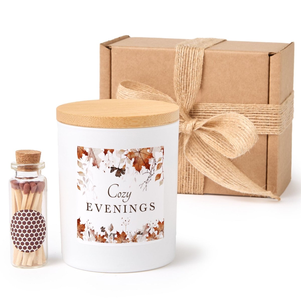 Cozy Evenings Candle; Autumn Home Decor Gift, Matte Black Jar, Bamboo Lid, Gift Box and Mini Matches
