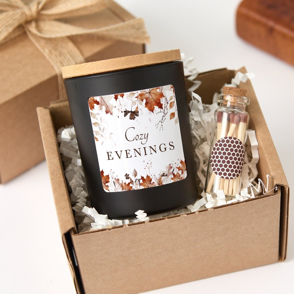 Cozy Evenings Candle; Autumn Home Decor Gift, Matte Black Jar, Bamboo Lid, Gift Box and Mini Matches