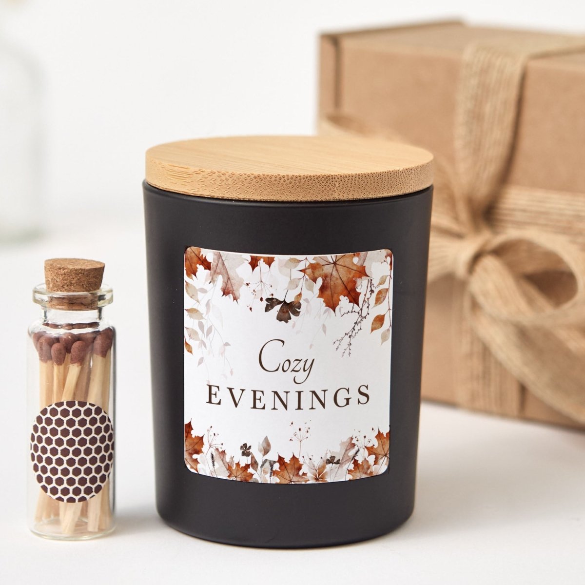 Cozy Evenings Candle; Autumn Home Decor Gift, Matte Black Jar, Bamboo Lid, Gift Box and Mini Matches