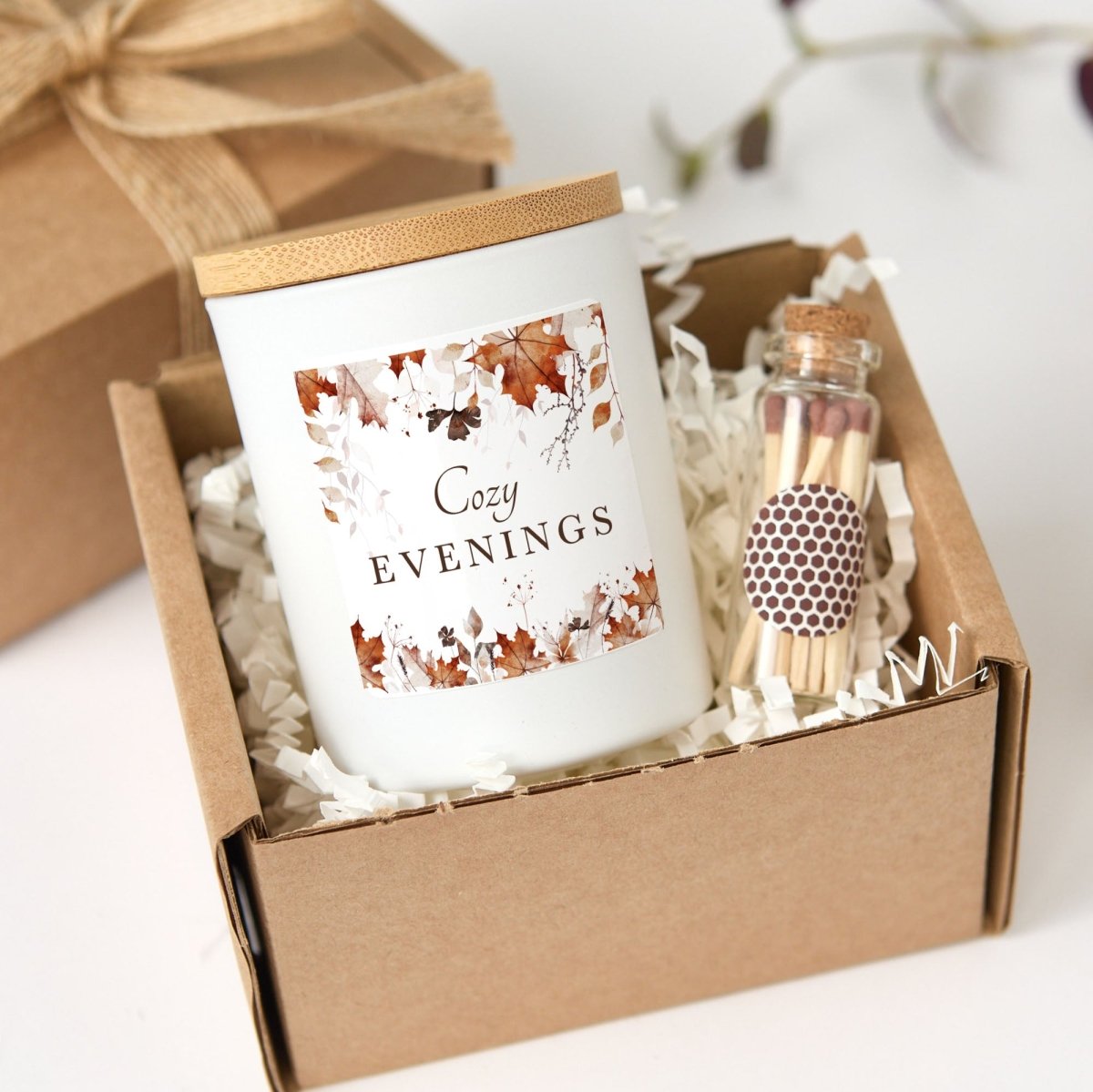 Cozy Evenings Candle; Autumn Home Decor Gift, Matte Black Jar, Bamboo Lid, Gift Box and Mini Matches