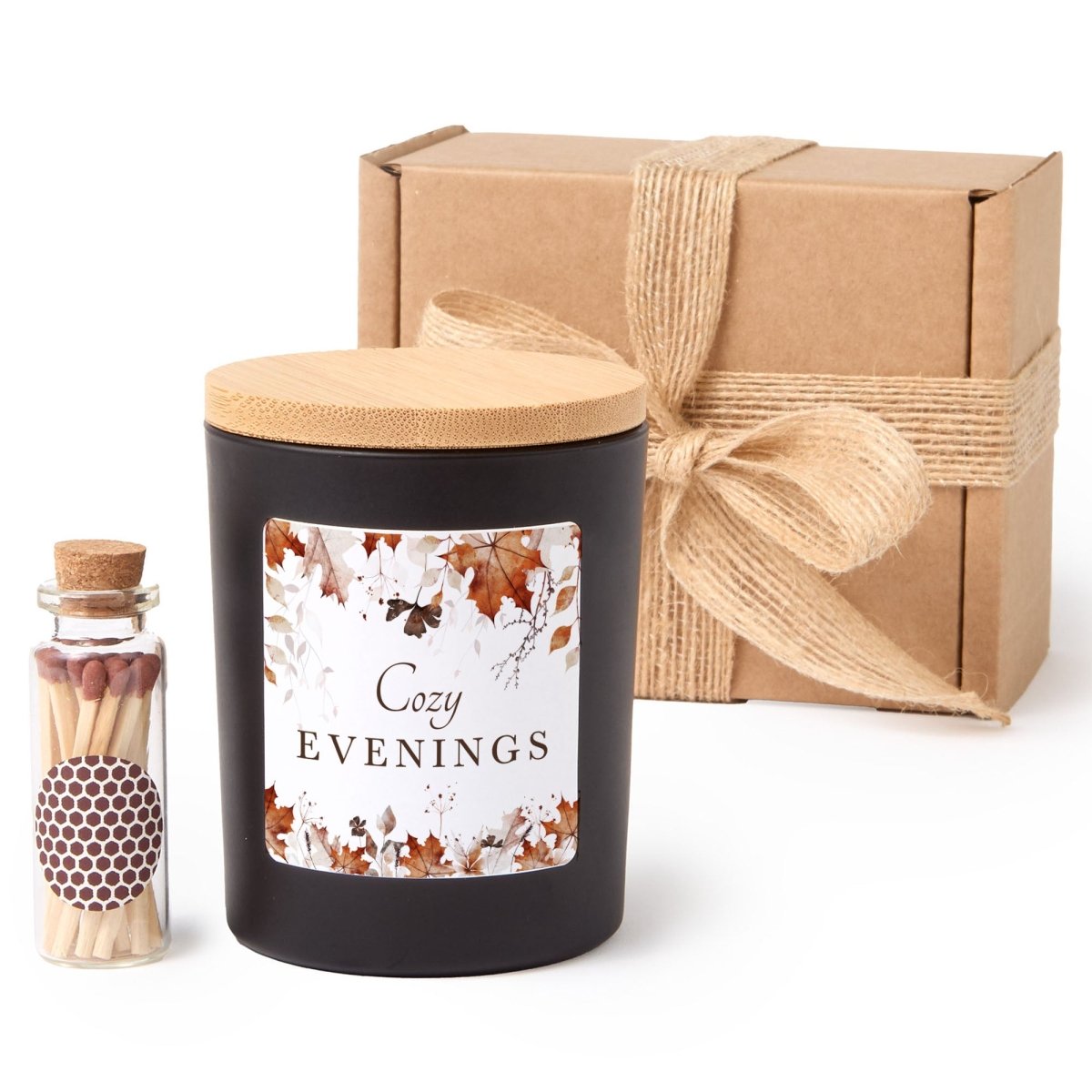 Cozy Evenings Candle; Autumn Home Decor Gift, Matte Black Jar, Bamboo Lid, Gift Box and Mini Matches