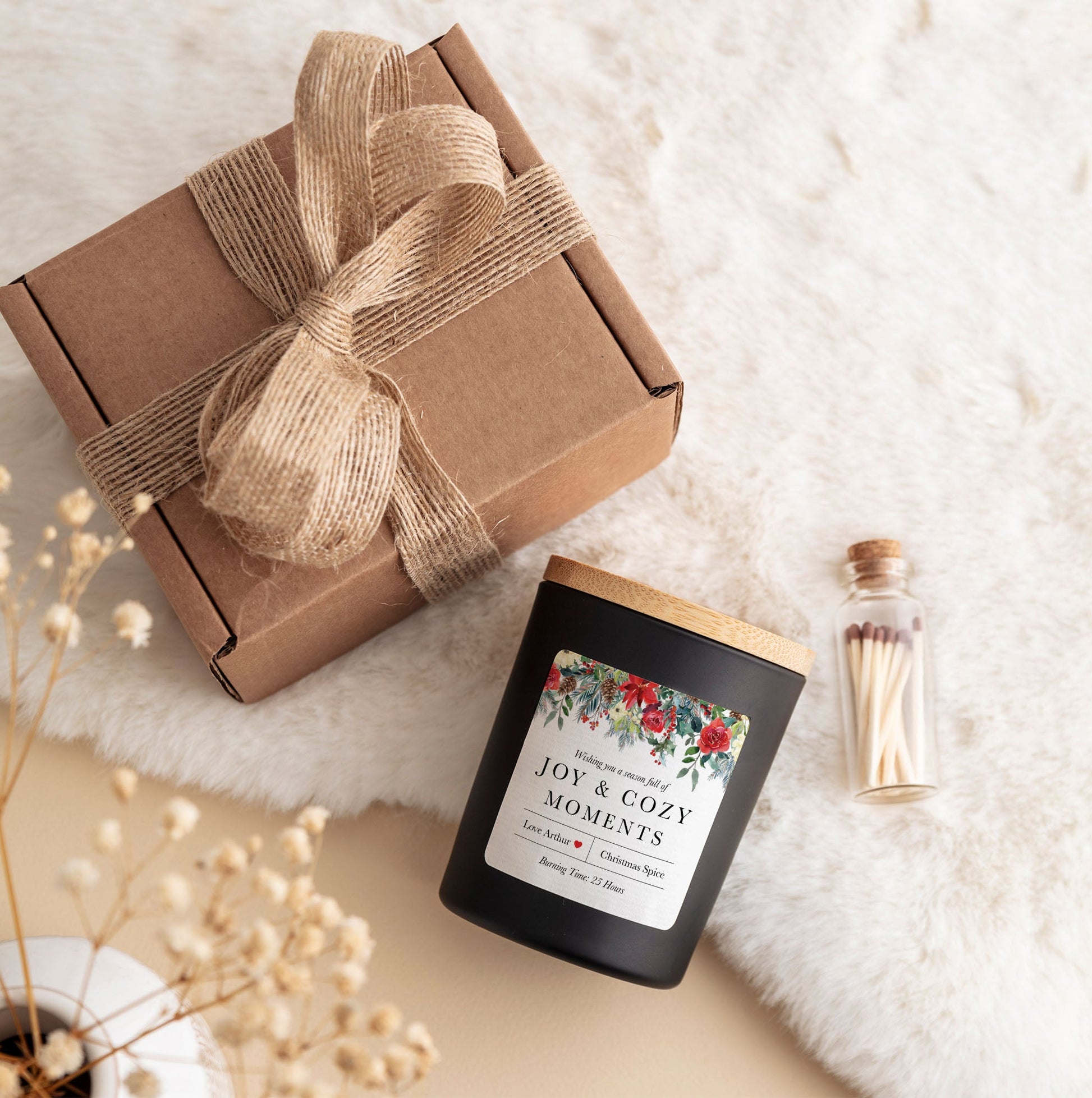 Cozy Moments Floral Candle | Personalized Christmas Candle Gift Box with Matches