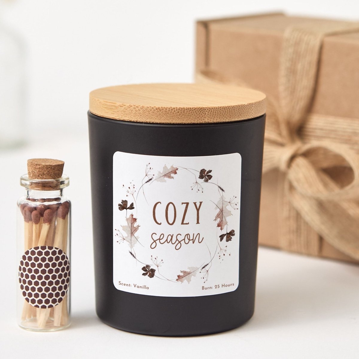 Cozy Season Soy Candle for Autumn Home Decor, Vanilla Scented Gift in Black Jar, Bamboo Lid, Matches, Gift Box