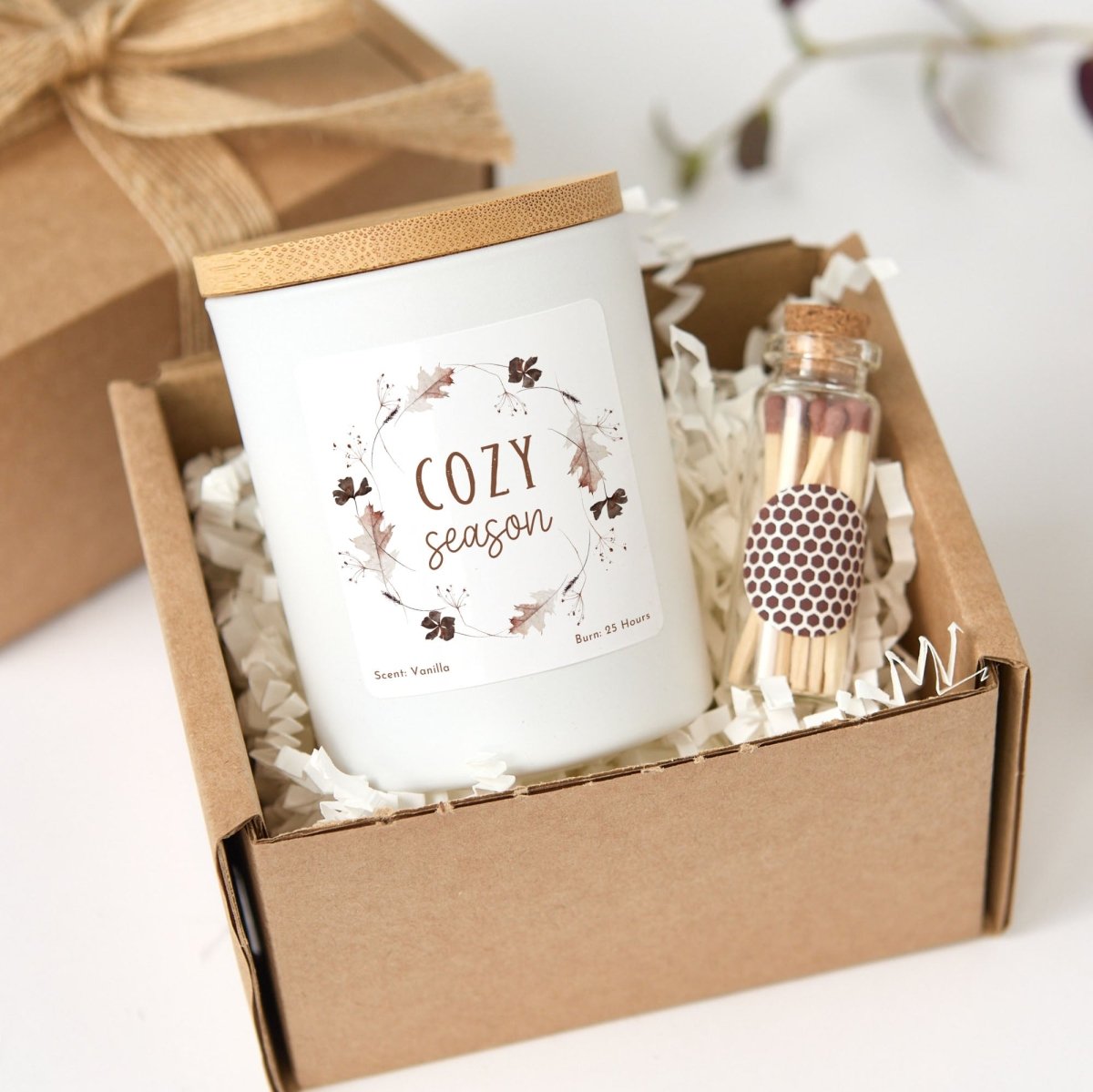 Cozy Season Soy Candle for Autumn Home Decor, Vanilla Scented Gift in Black Jar, Bamboo Lid, Matches, Gift Box
