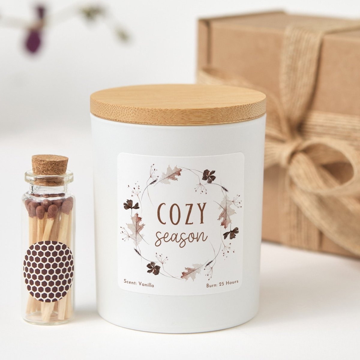 Cozy Season Soy Candle for Autumn Home Decor, Vanilla Scented Gift in Black Jar, Bamboo Lid, Matches, Gift Box