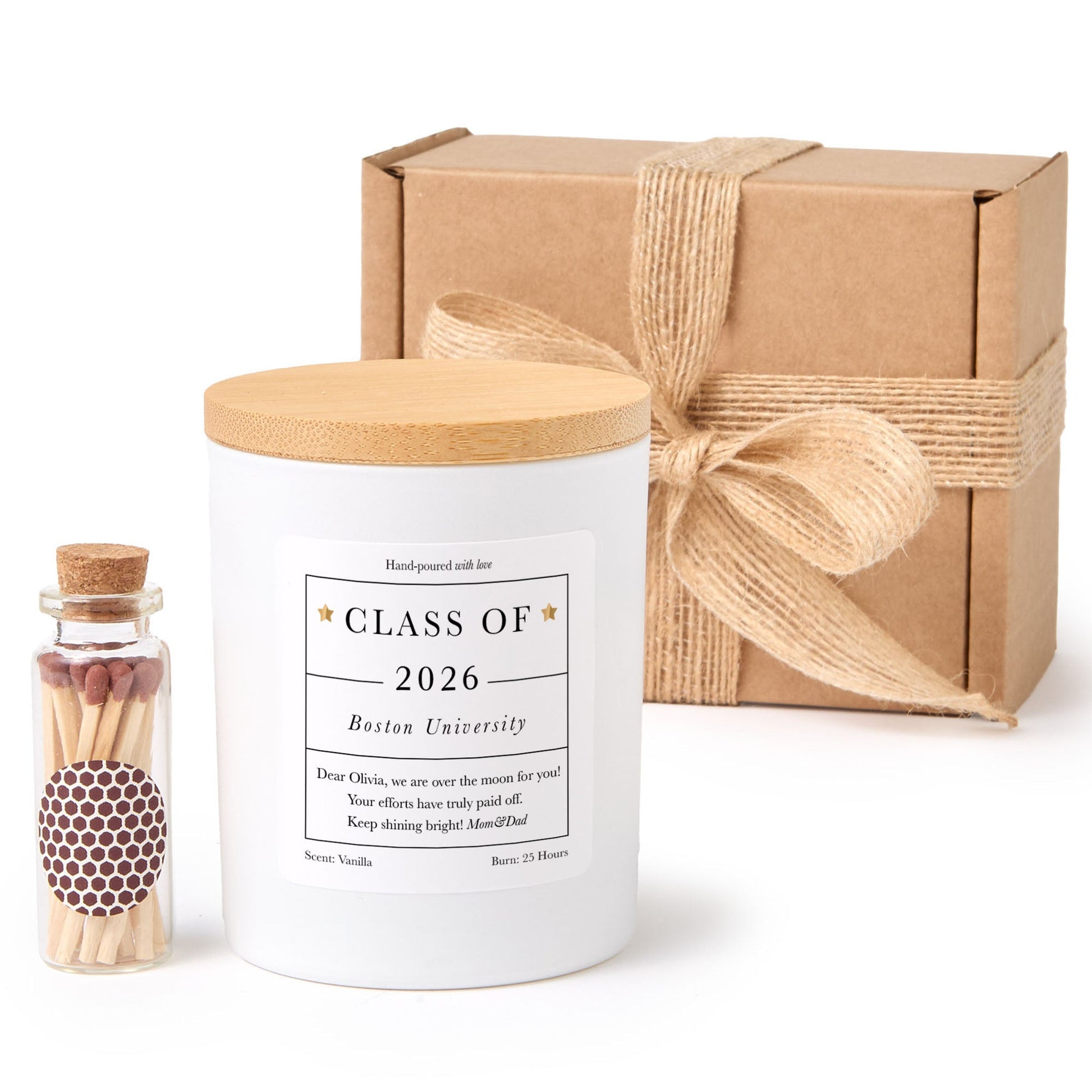 Custom Class of 2026 Candle, Graduation Gift for College Student or University Senior, Gift Box Matches Includes