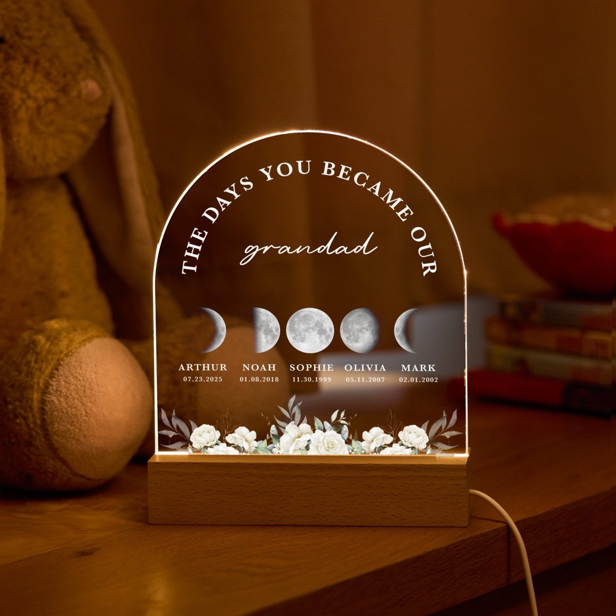 Custom Grandad Moon Phase Lamp, Birthday Gift for Grandpa, Personalized Family Names Night Light with Dates