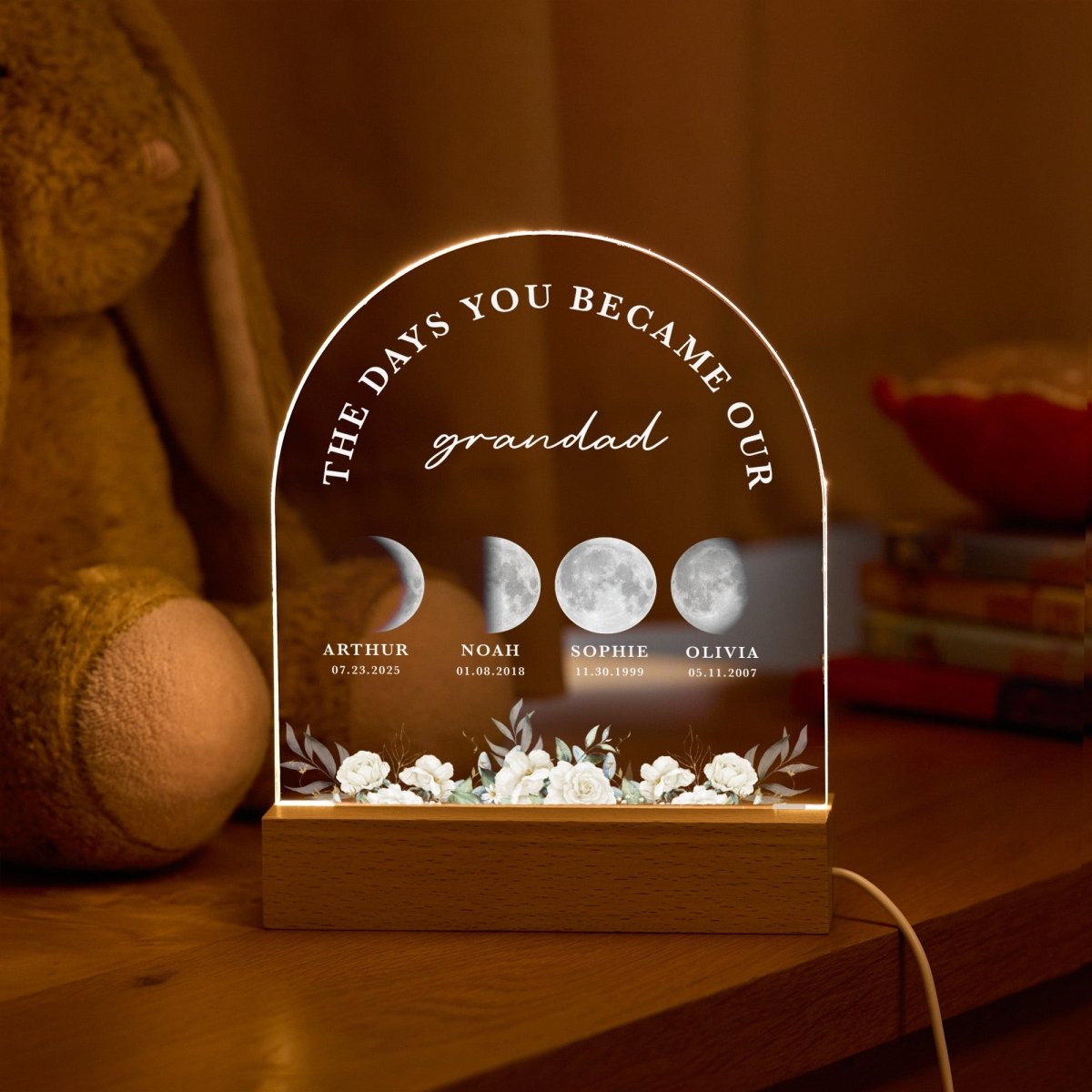 Custom Grandad Moon Phase Lamp, Birthday Gift for Grandpa, Personalized Family Names Night Light with Dates
