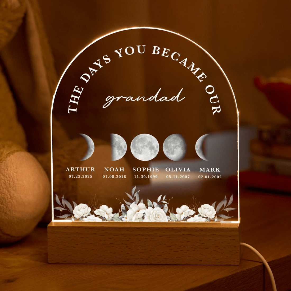 Custom Grandad Moon Phase Lamp, Birthday Gift for Grandpa, Personalized Family Names Night Light with Dates