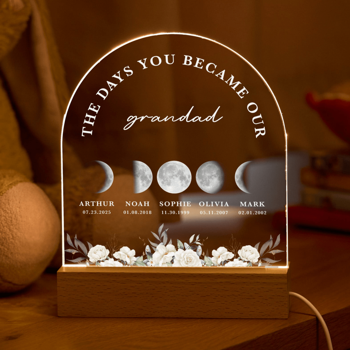 Custom Grandad Moon Phase Lamp, Birthday Gift for Grandpa, Personalized Family Names Night Light with Dates