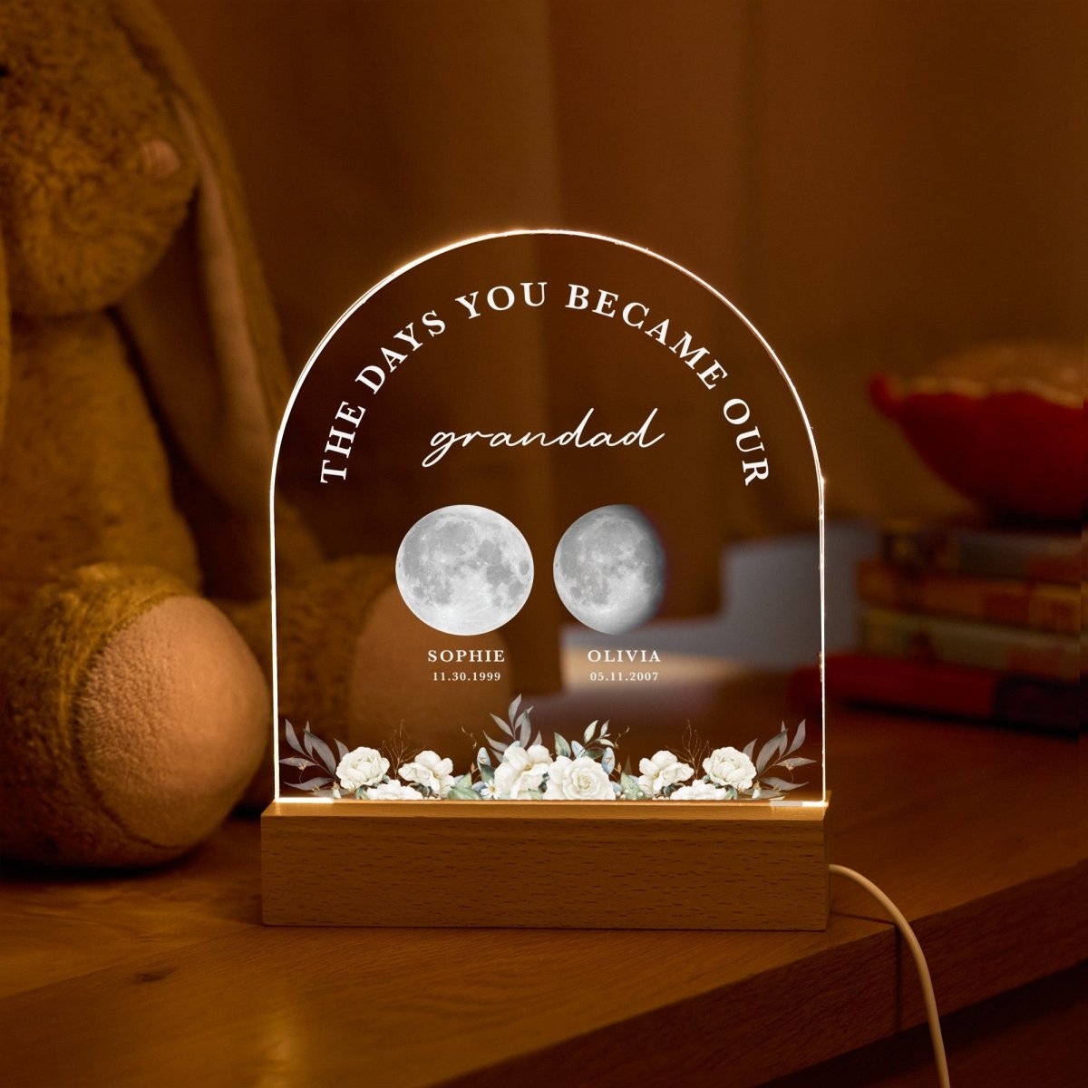 Custom Grandad Moon Phase Lamp, Birthday Gift for Grandpa, Personalized Family Names Night Light with Dates