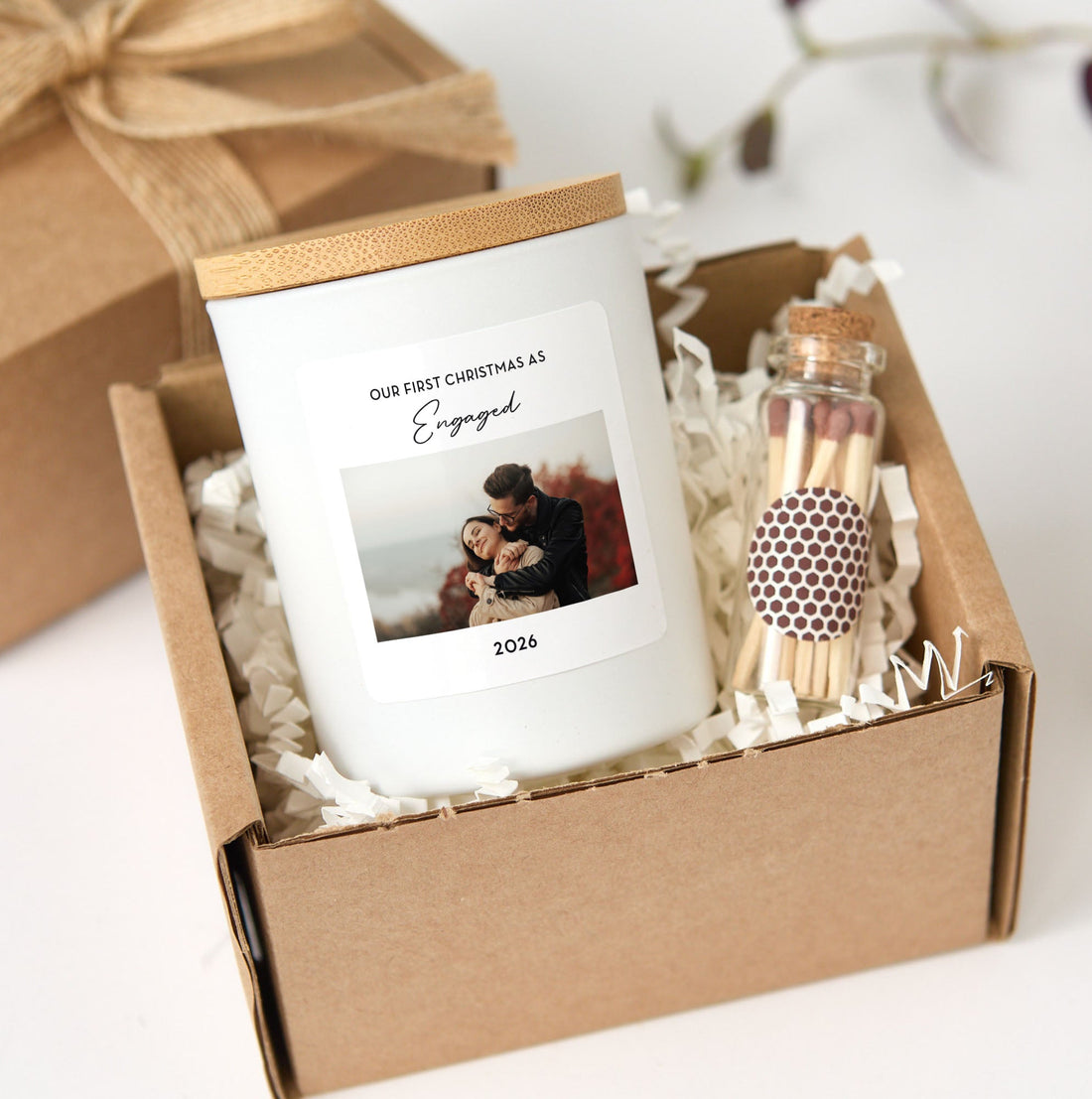 Custom Photo Candle | Our First Christmas Engaged Personalized Candle with Picture | Engagement Keepsake Gift for Couples