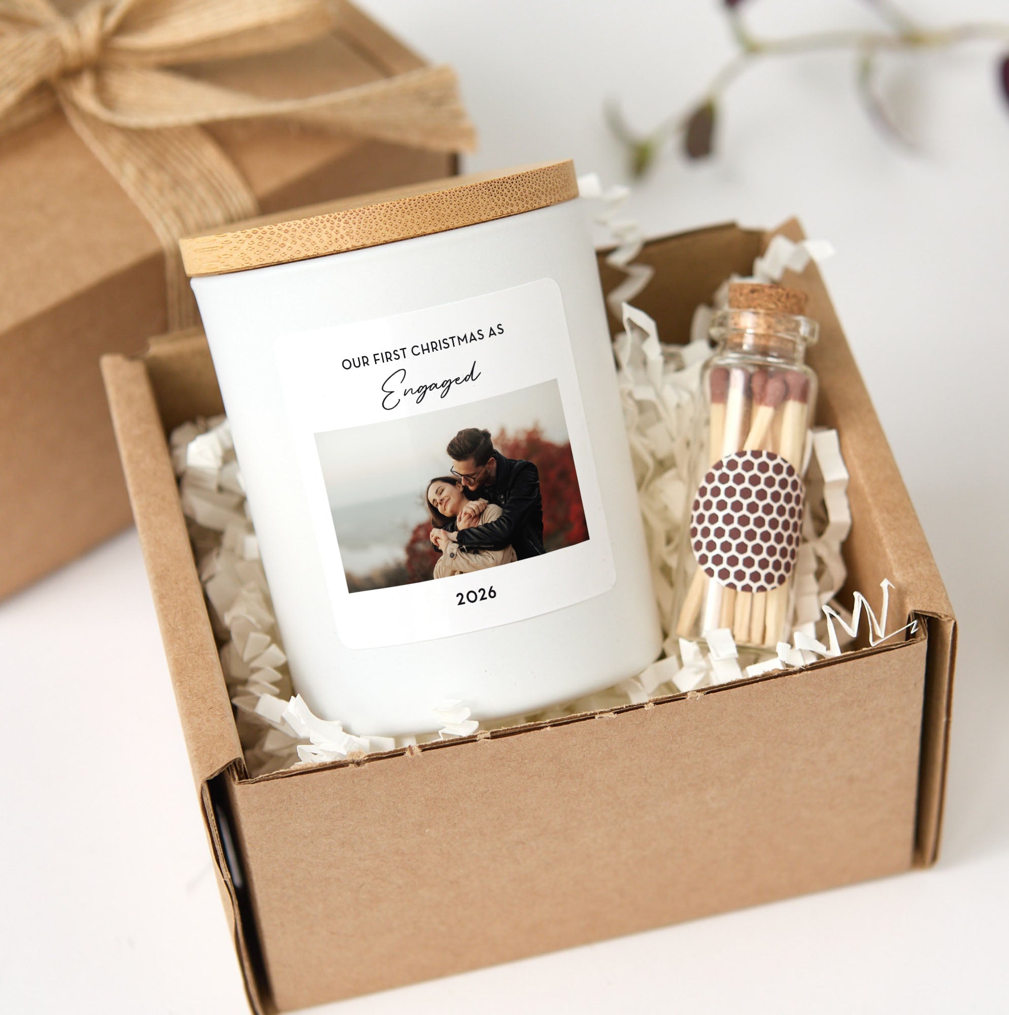 Custom Photo Candle | Our First Christmas Engaged Personalized Candle with Picture | Engagement Keepsake Gift for Couples
