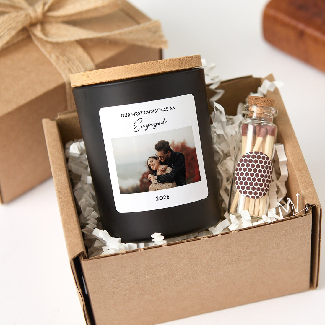 Custom Photo Candle | Our First Christmas Engaged Personalized Candle with Picture | Engagement Keepsake Gift for Couples