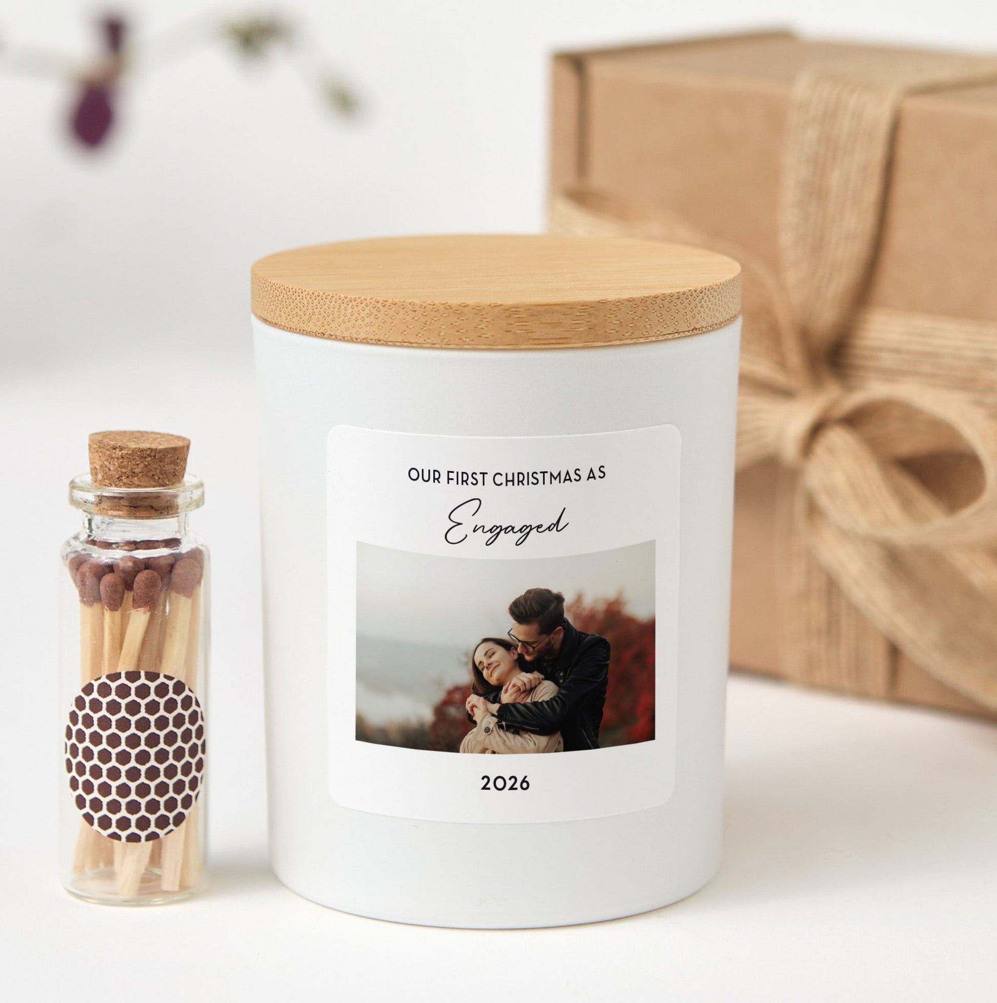 Custom Photo Candle | Our First Christmas Engaged Personalized Candle with Picture | Engagement Keepsake Gift for Couples