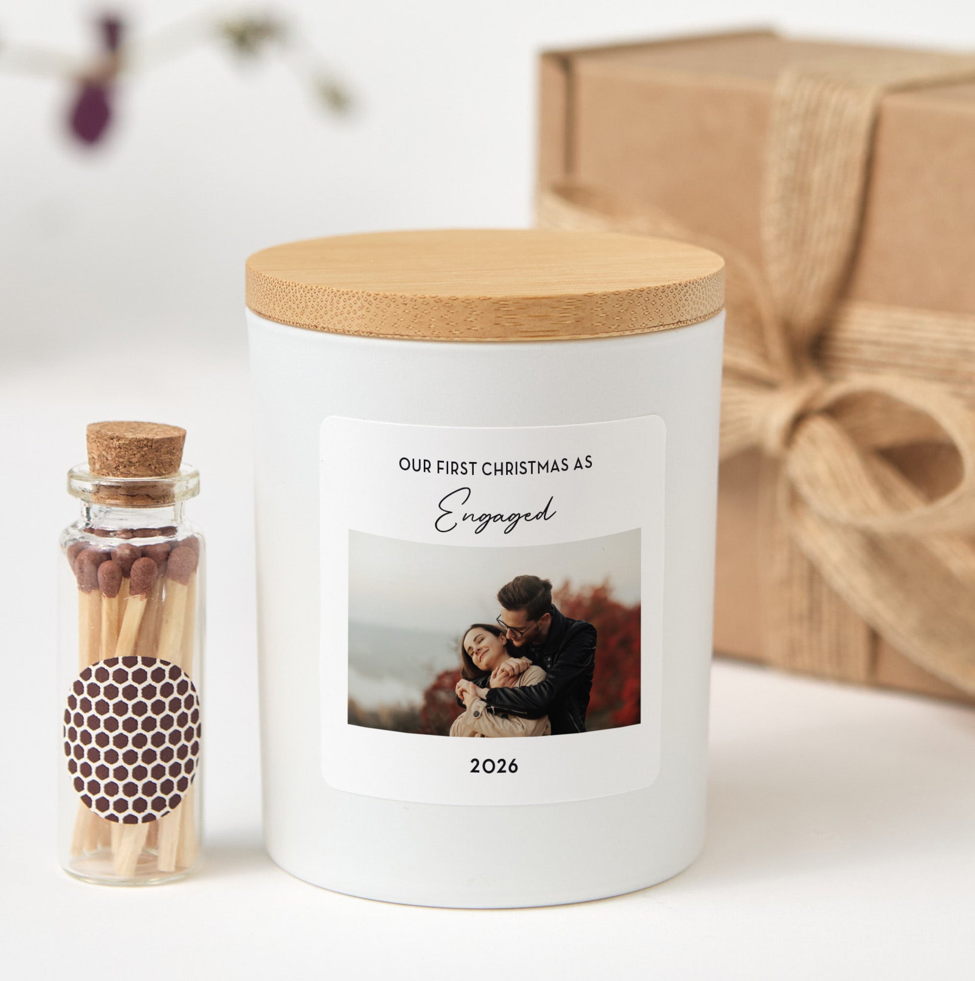 Custom Photo Candle | Our First Christmas Engaged Personalized Candle with Picture | Engagement Keepsake Gift for Couples