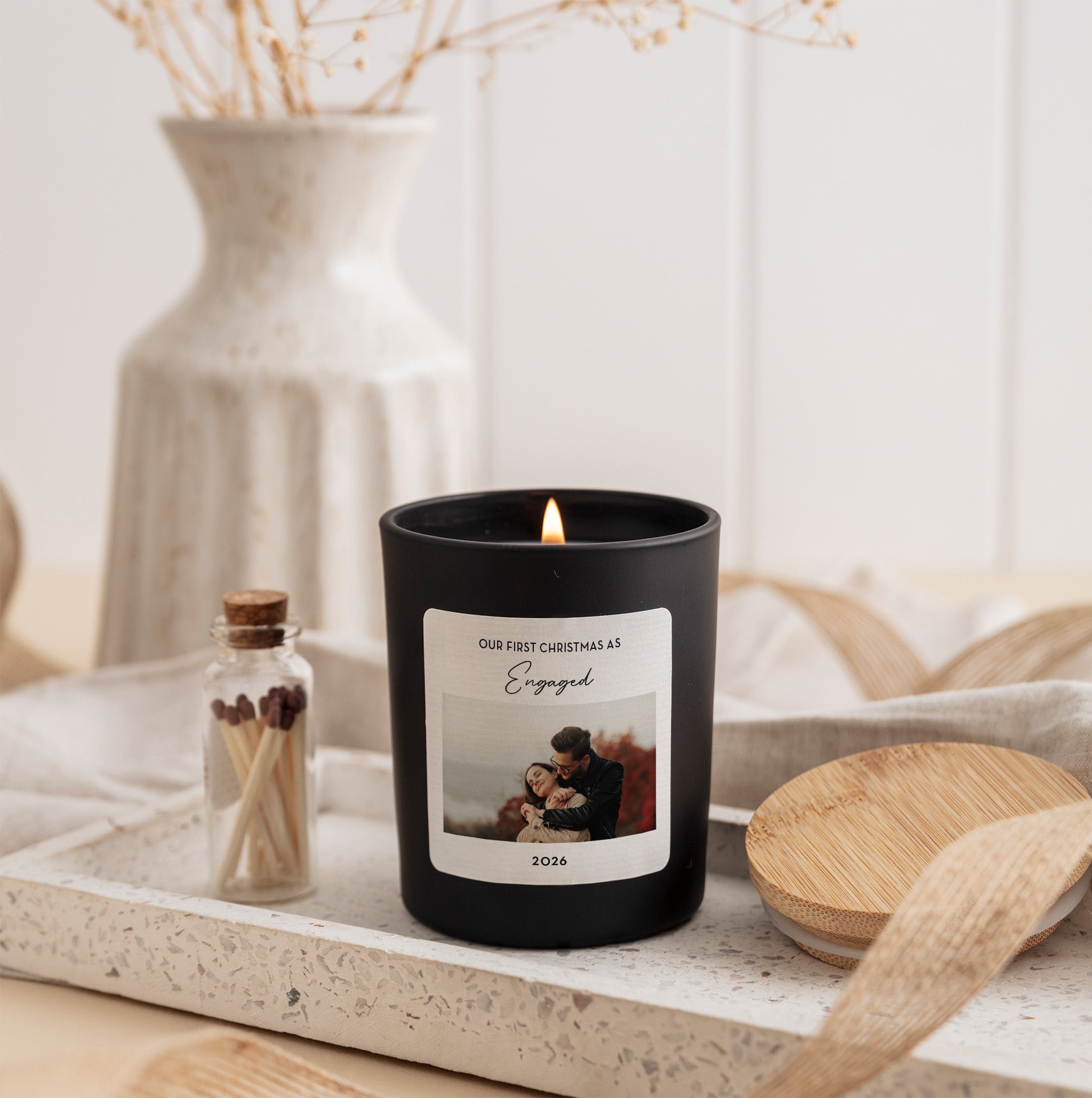 Custom Photo Candle | Our First Christmas Engaged Personalized Candle with Picture | Engagement Keepsake Gift for Couples
