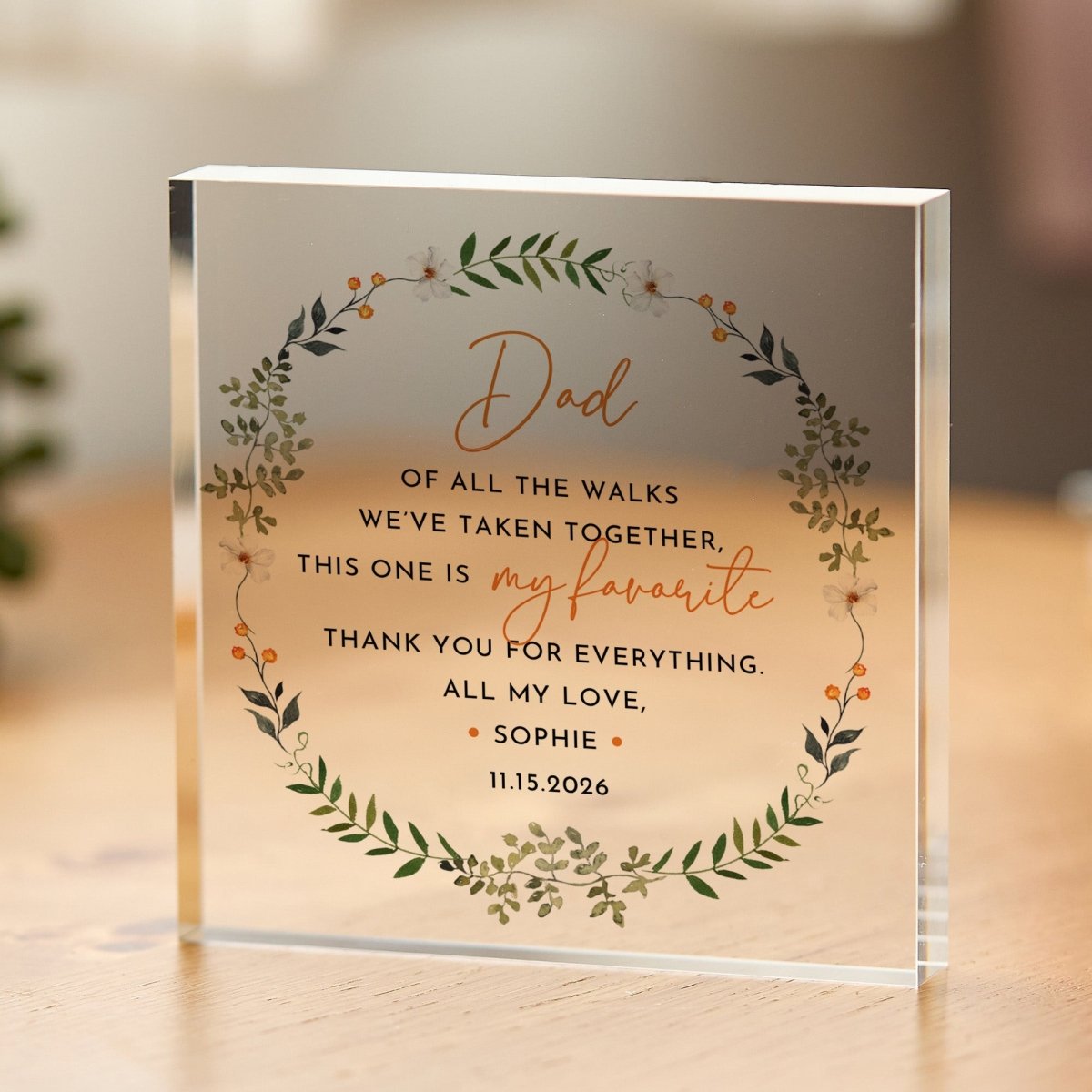 Dad Plaque Gift for Father, Personalized Acrylic Keepsake, Floral Thank You Present from Daughter