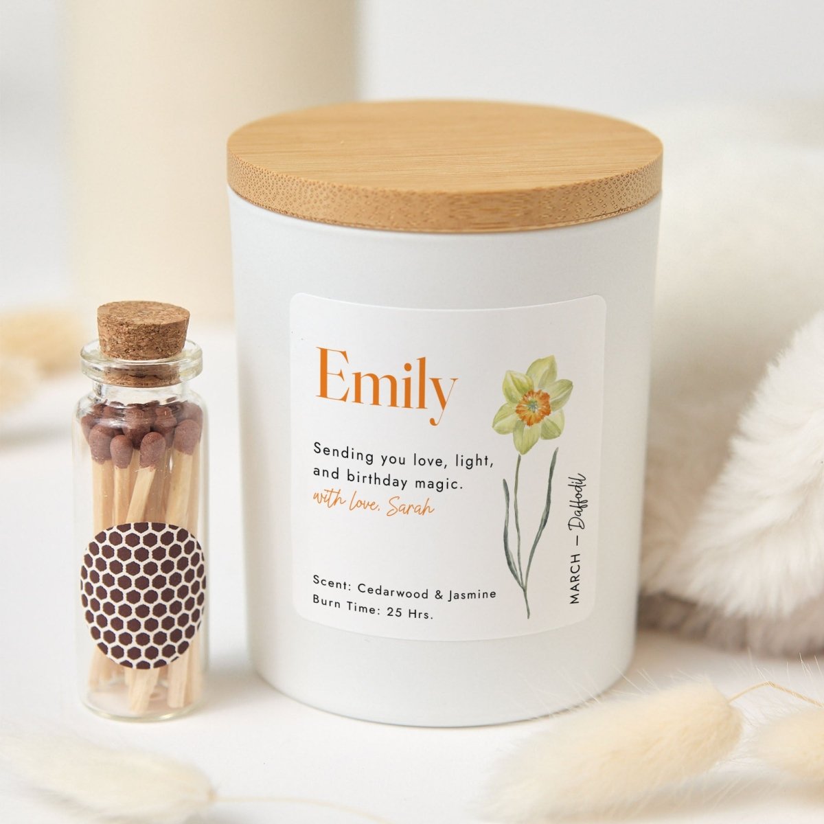 December Birth Flower Personalized Soy Candle Gift for Her Birthday Narcissus Floral Present, Comes with Matches Free Gift Wrap