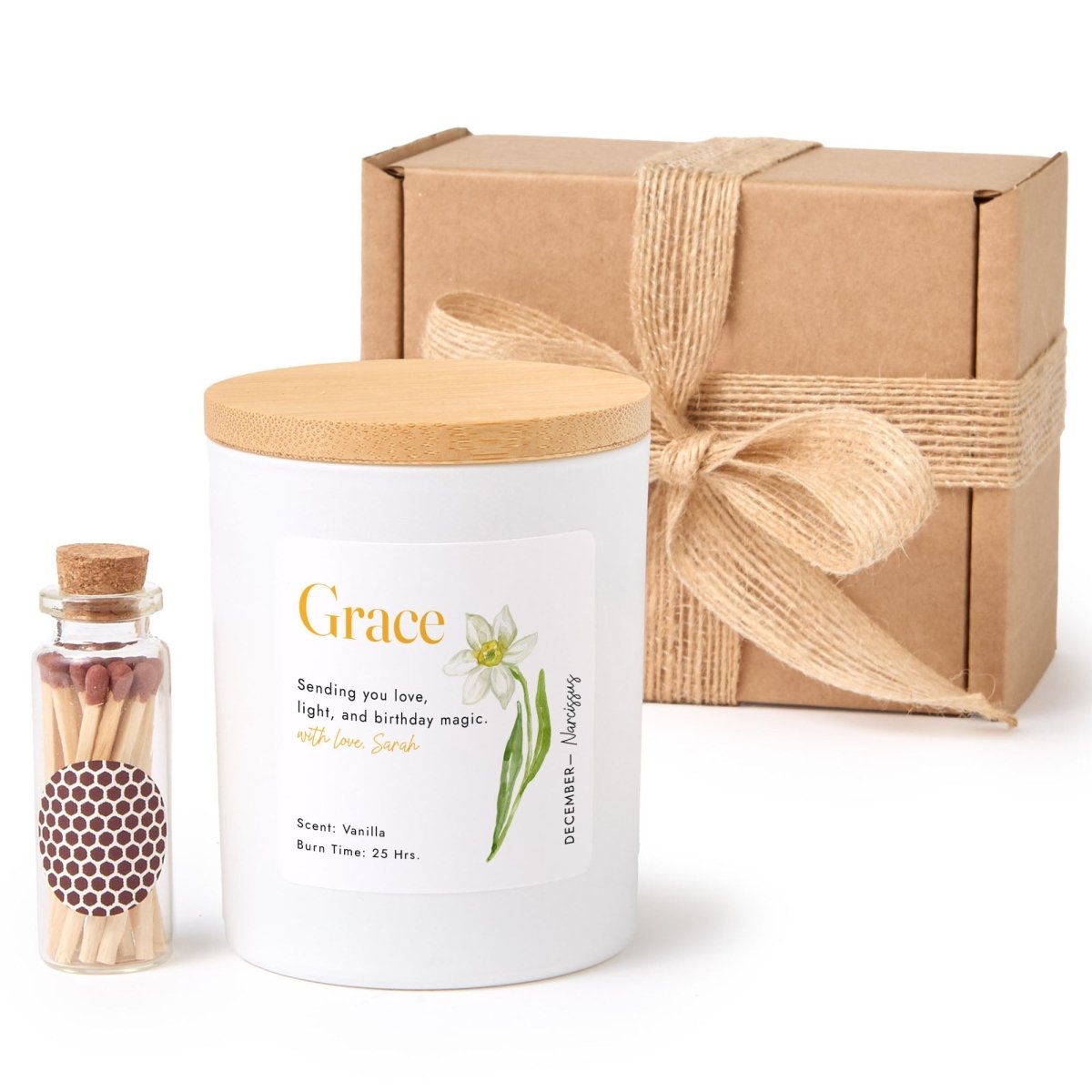 December Birth Flower Personalized Soy Candle Gift for Her Birthday Narcissus Floral Present, Comes with Matches Free Gift Wrap