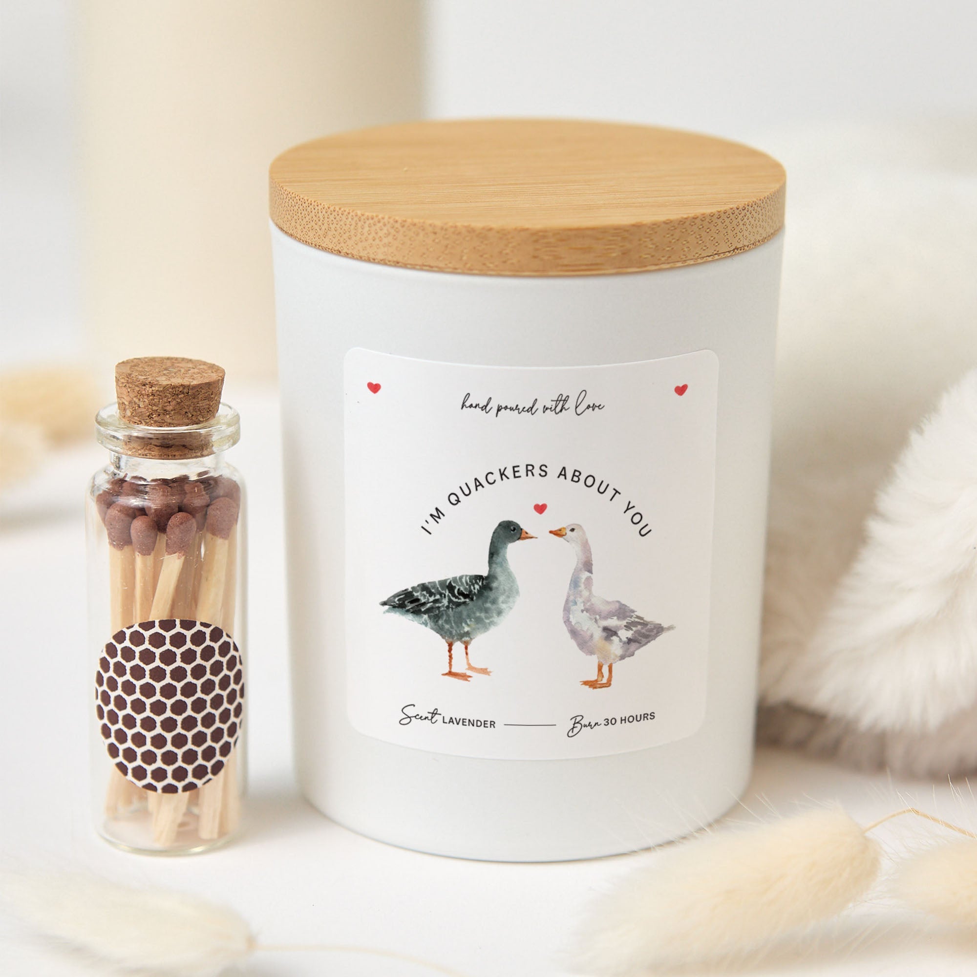 Duck Couple Valentine Candle Gift Set with Matches, Personalized Text, Gift for Her