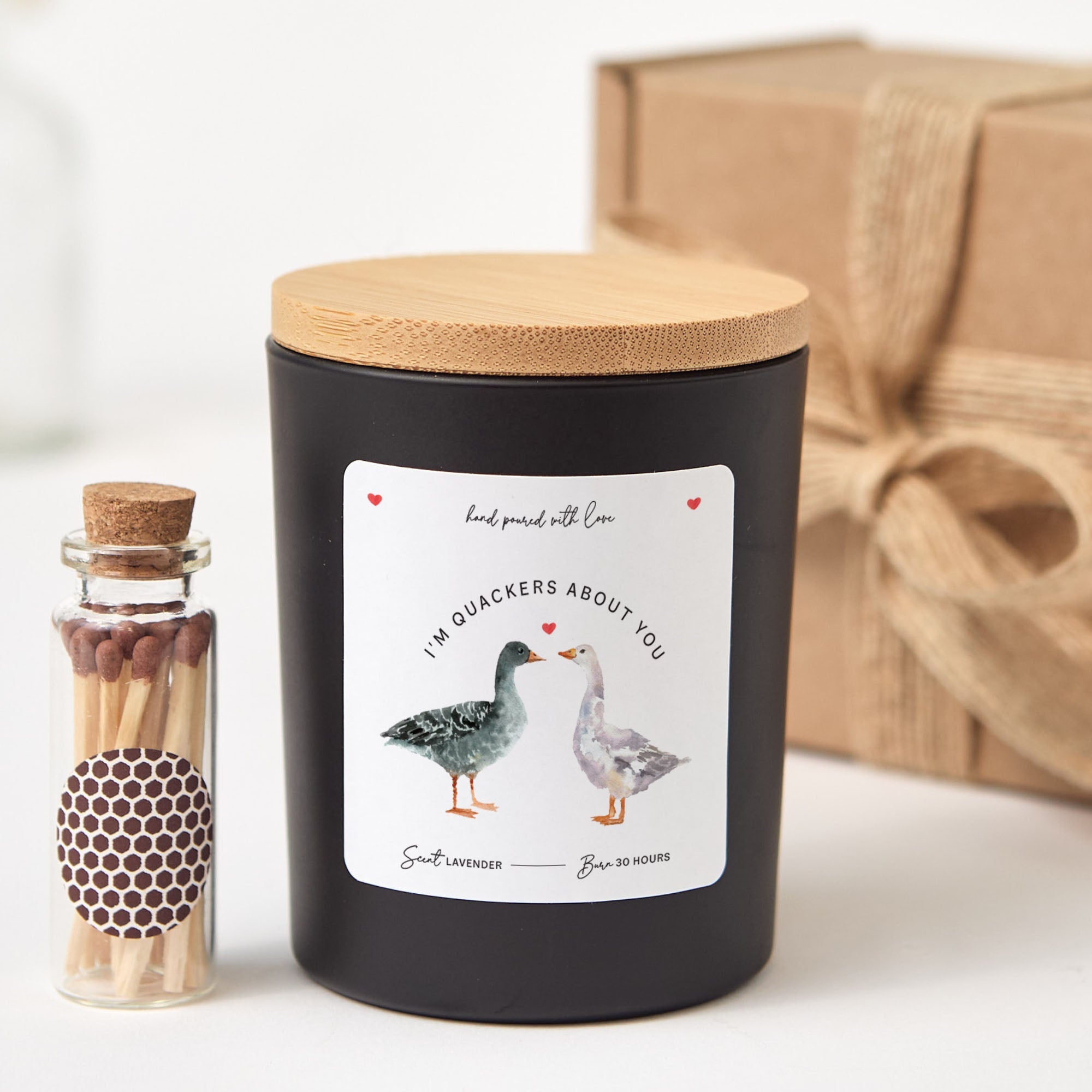 Duck Couple Valentine Candle Gift Set with Matches, Personalized Text, Gift for Her