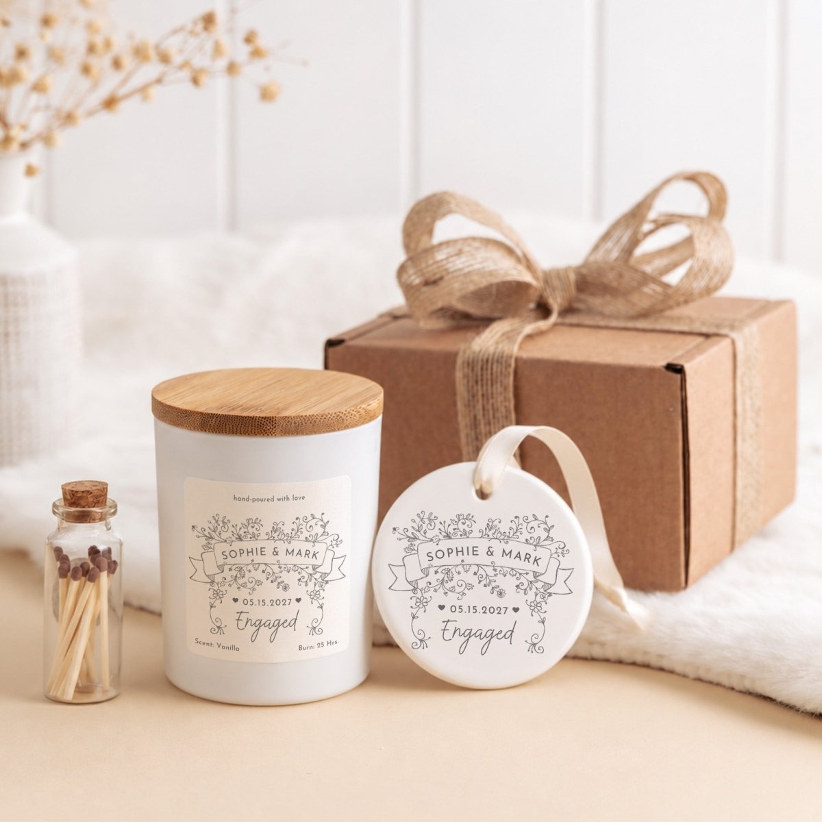 Engaged Couple Candle and Ceramic Ornament Set, Personalized Names and Date, Engagement Gift Box Keepsake