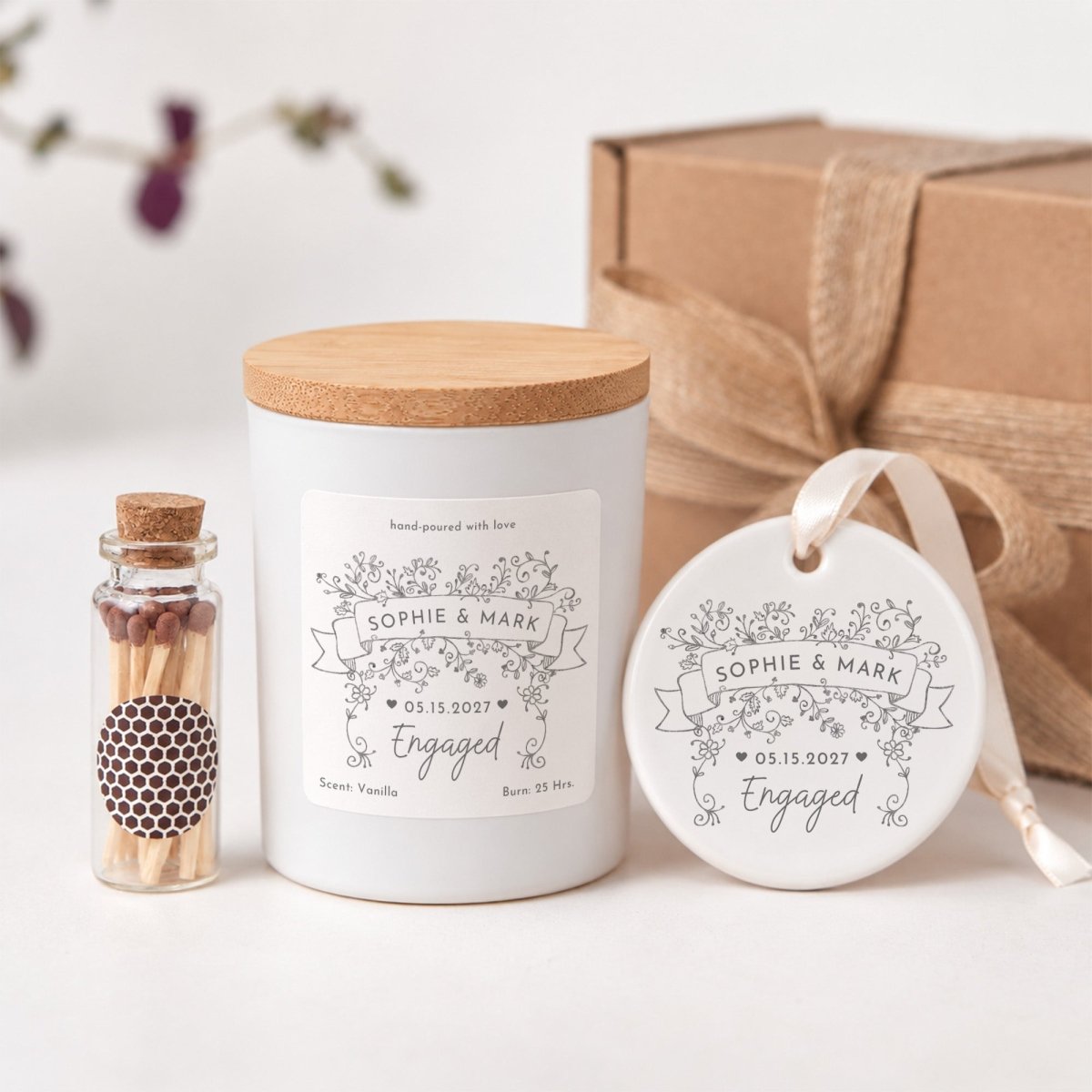 Engaged Couple Candle and Ceramic Ornament Set, Personalized Names and Date, Engagement Gift Box Keepsake