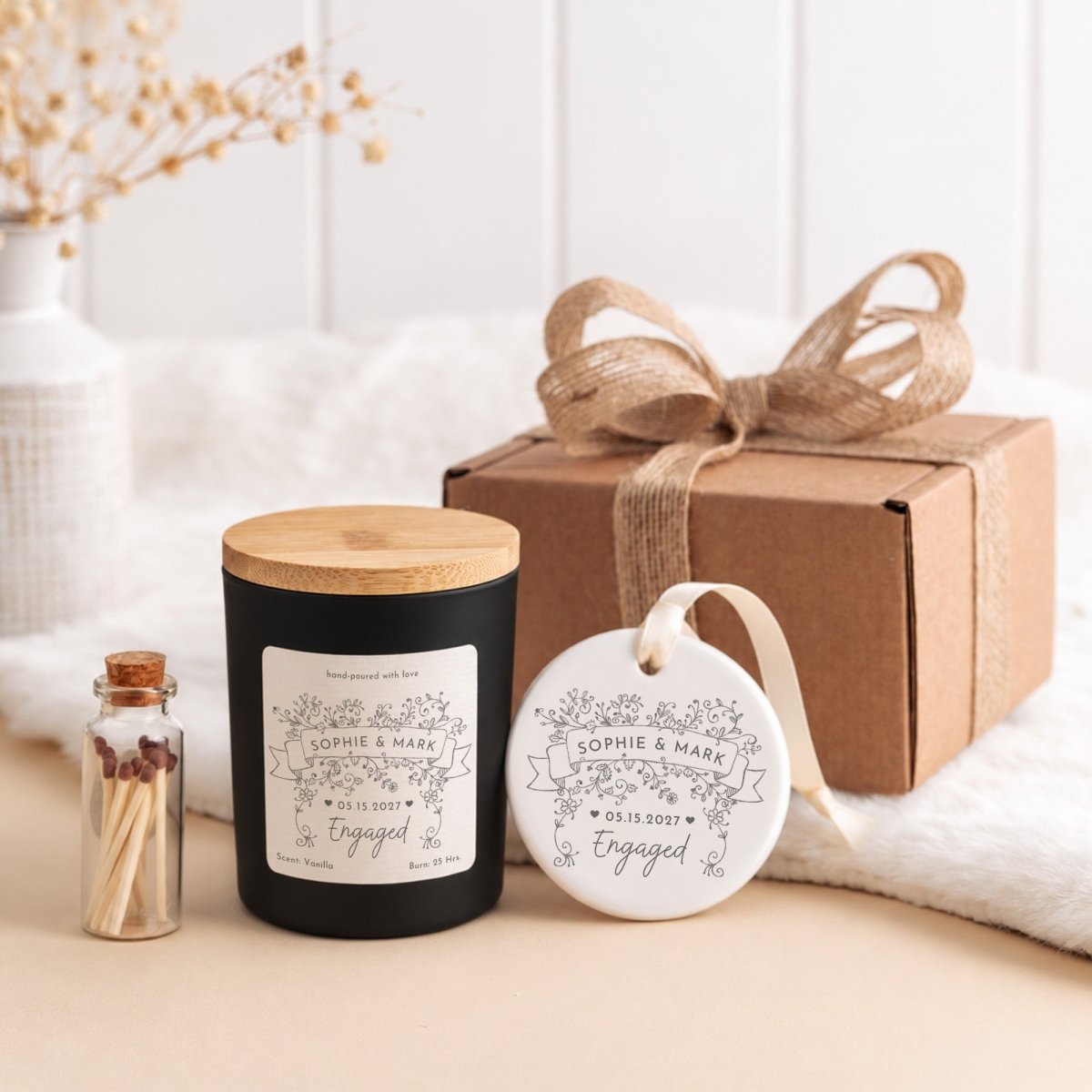 Engaged Couple Candle and Ceramic Ornament Set, Personalized Names and Date, Engagement Gift Box Keepsake