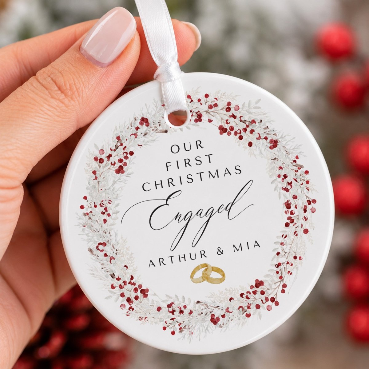 Engaged Couple Christmas Ornament, Our First Christmas Design, Red Berry Wreath Holiday Gift for Fiancés