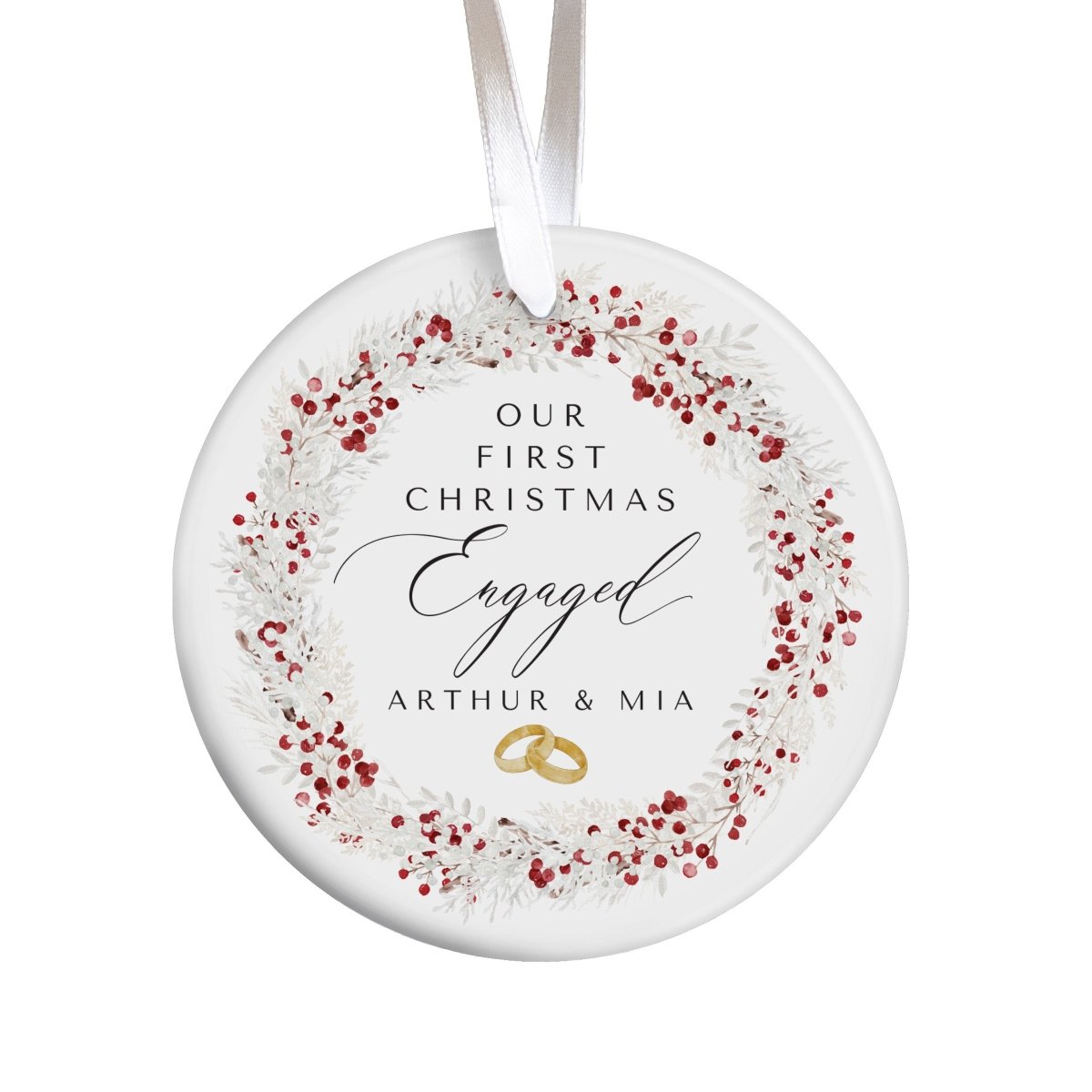 Engaged Couple Christmas Ornament, Our First Christmas Design, Red Berry Wreath Holiday Gift for Fiancés