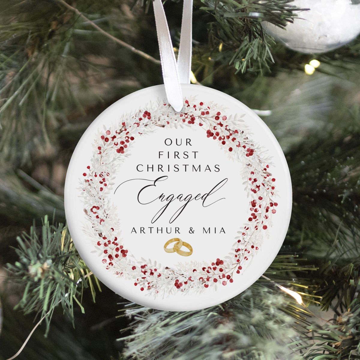 Engaged Couple Christmas Ornament, Our First Christmas Design, Red Berry Wreath Holiday Gift for Fiancés