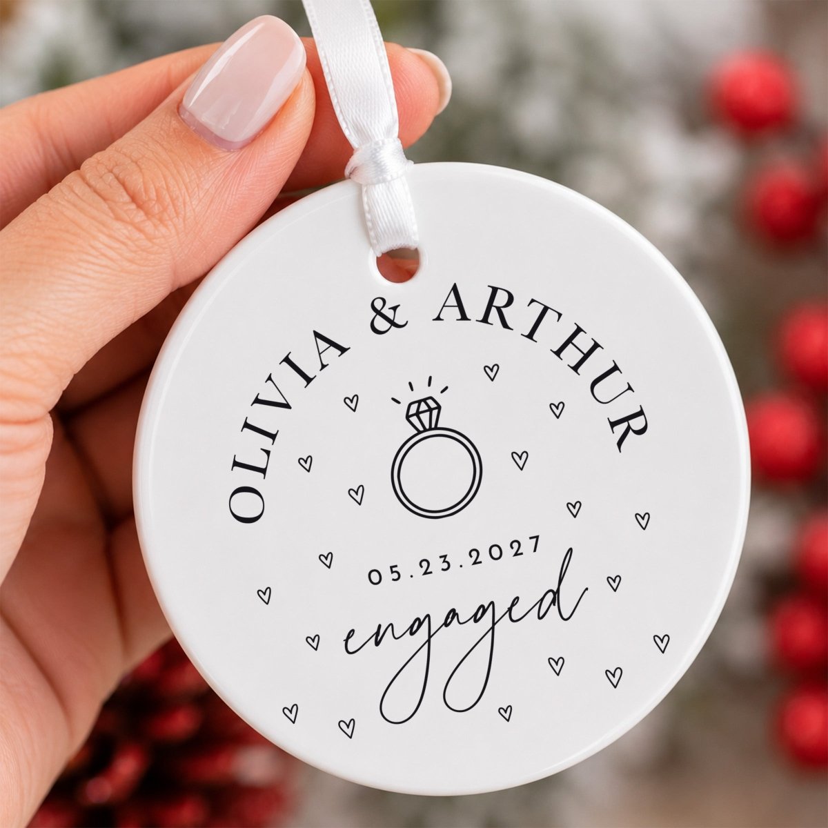 Engaged Couple Ornament, Personalized Names and Date Keepsake, Ring and Heart Engagement Gift for Fiancé or Fiancée