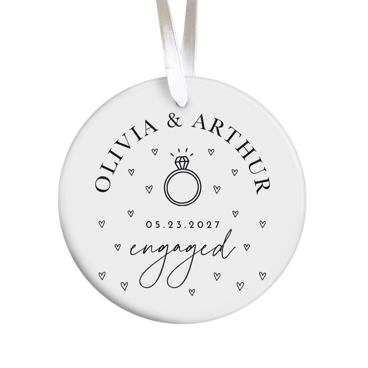 Engaged Couple Ornament, Personalized Names and Date Keepsake, Ring and Heart Engagement Gift for Fiancé or Fiancée