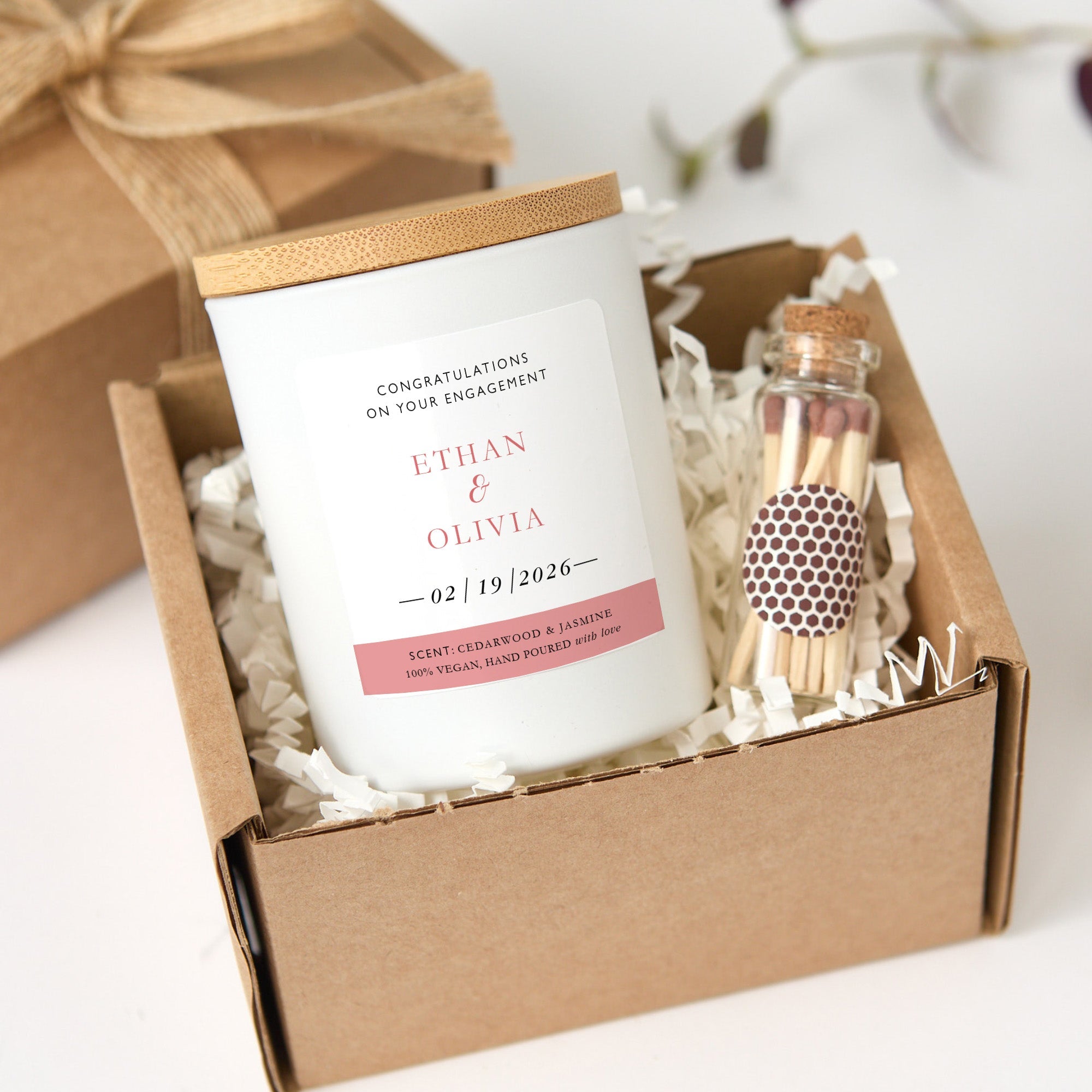 Engagement Candle Gift Box | Personalized Engagement Gift for Couple | Soy Wax Candle with Ribbon Matches | Wedding Gift
