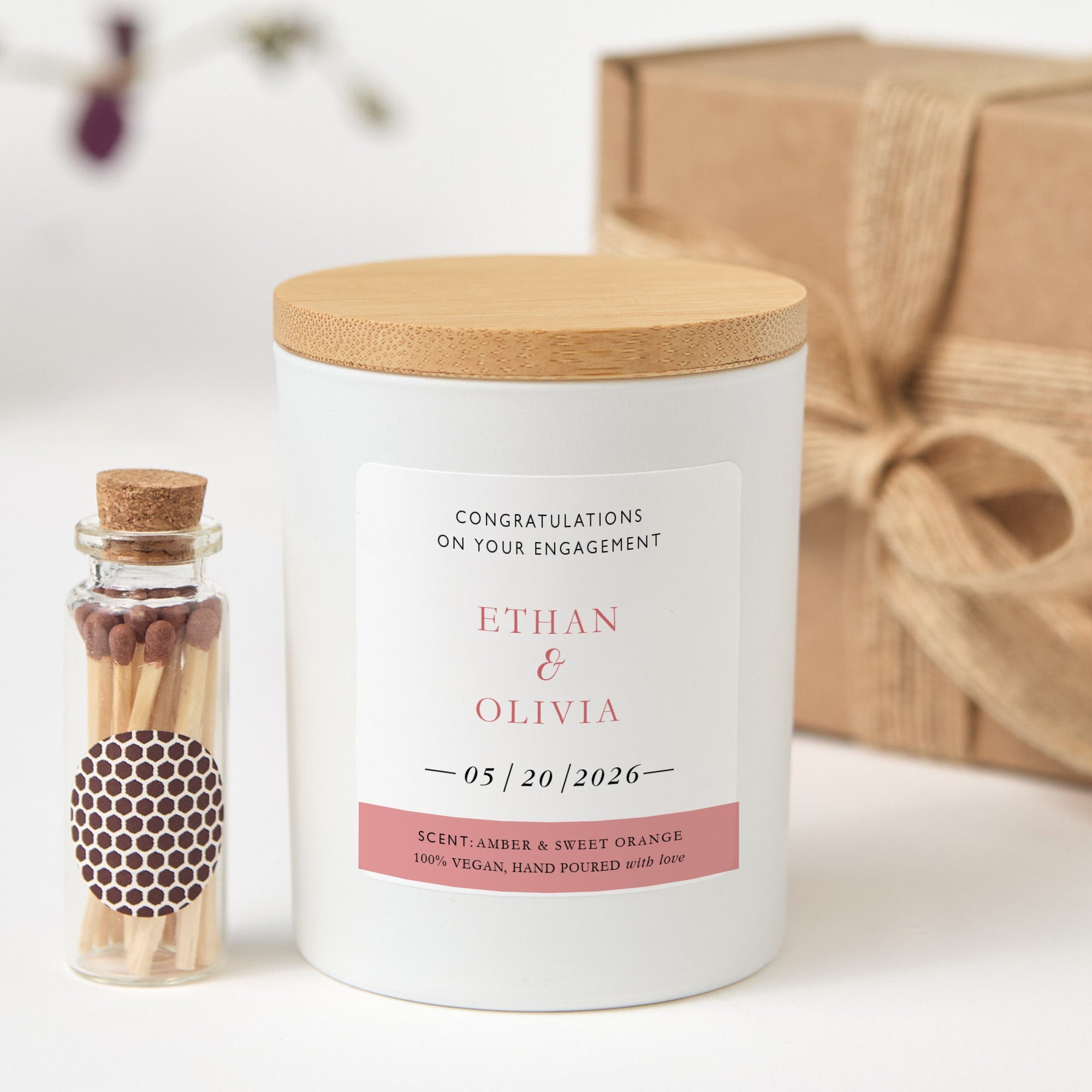 Engagement Candle Gift Box | Personalized Engagement Gift for Couple | Soy Wax Candle with Ribbon Matches | Wedding Gift