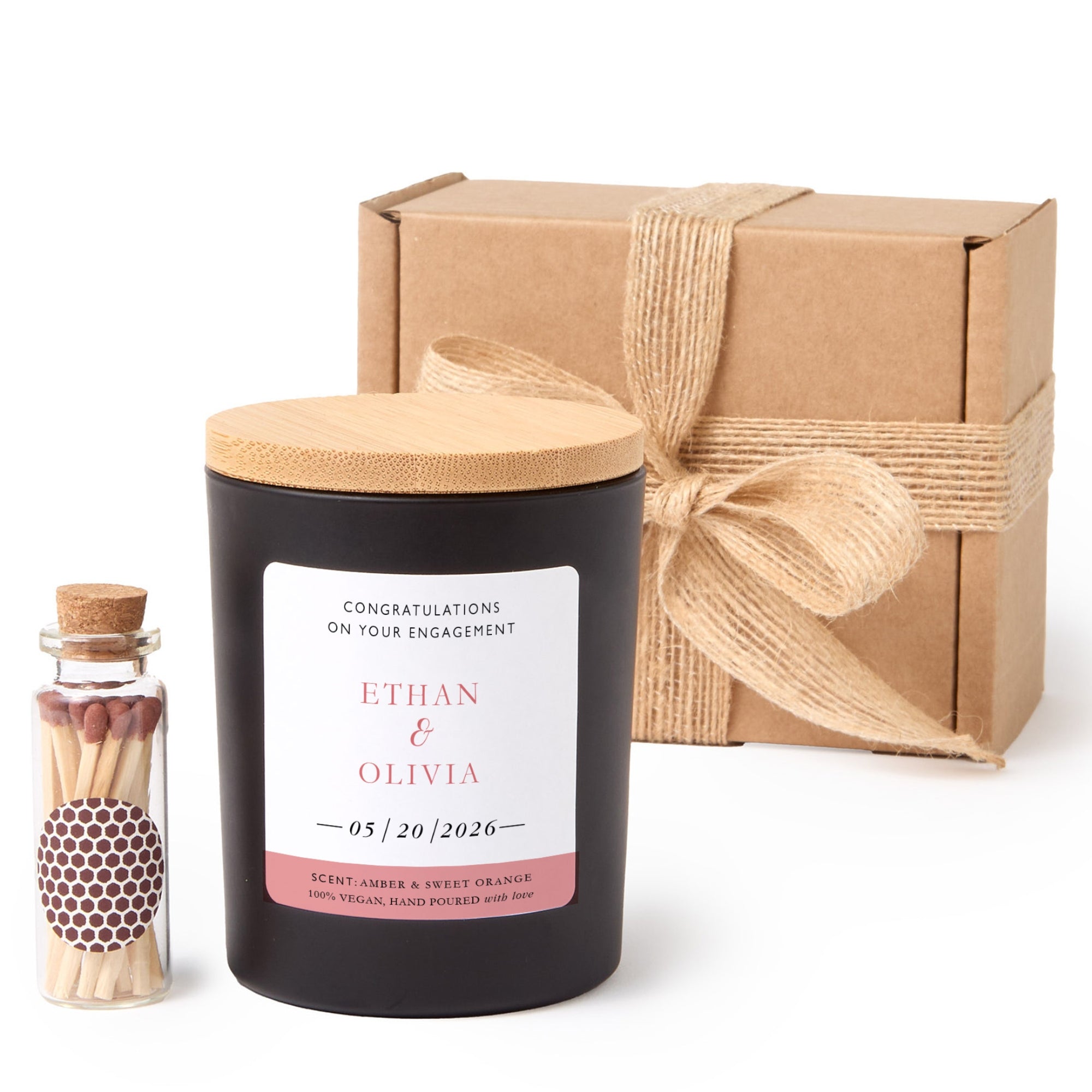 Engagement Candle Gift Box | Personalized Engagement Gift for Couple | Soy Wax Candle with Ribbon Matches | Wedding Gift