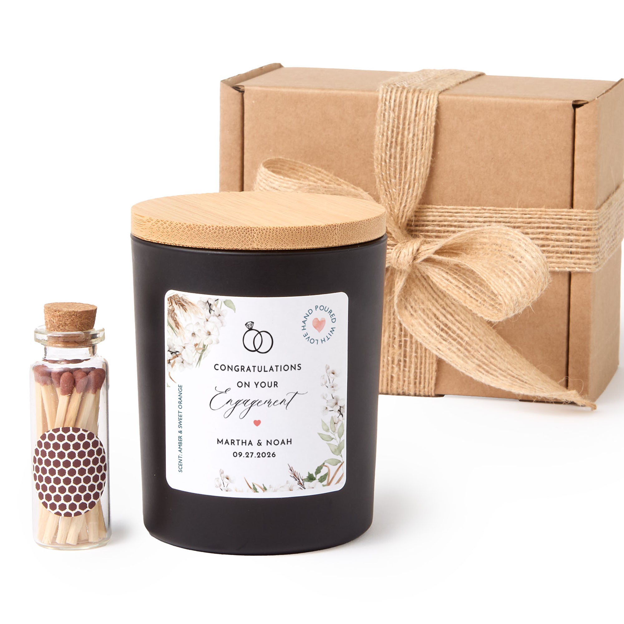 Engagement Candle with Gift Box & Matches | Personalized Engagement Gift for Couple | Custom Candle Keepsake