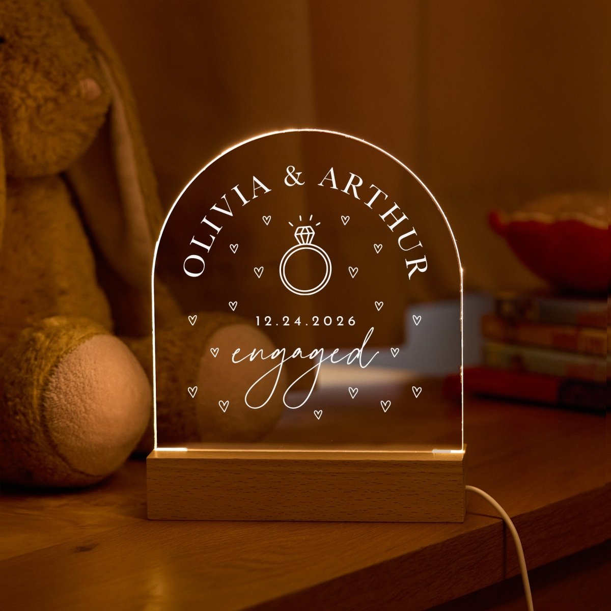 Engagement LED Light Gift for Couple, Personalized Acrylic Lamp, Custom Wedding Keepsake for Fiancé