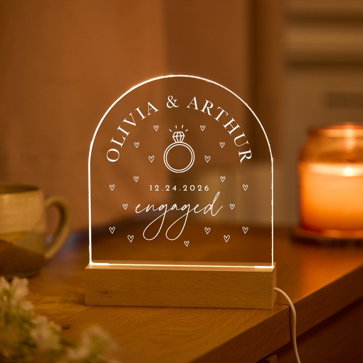 Engagement LED Light Gift for Couple, Personalized Acrylic Lamp, Custom Wedding Keepsake for Fiancé