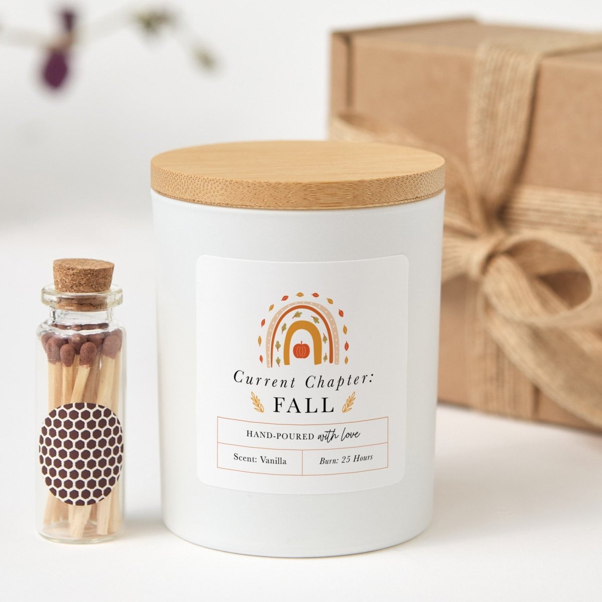 Fall Candle; Current Chapter Fall Autumn Decor, Pumpkin Label, Bamboo Lid, Mini Matches, and Gift Box