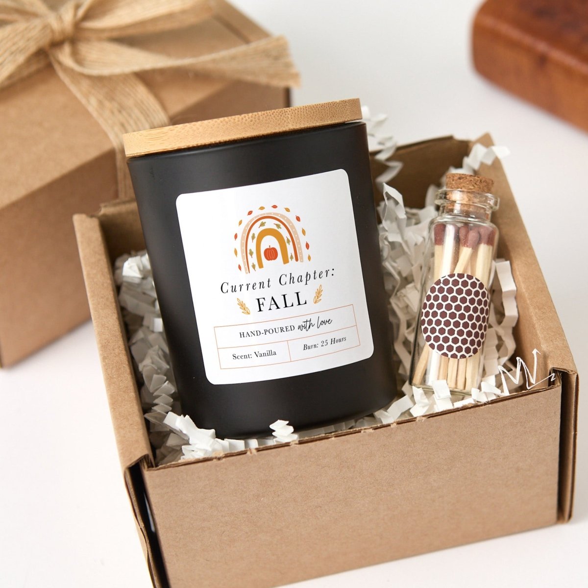 Fall Candle; Current Chapter Fall Autumn Decor, Pumpkin Label, Bamboo Lid, Mini Matches, and Gift Box