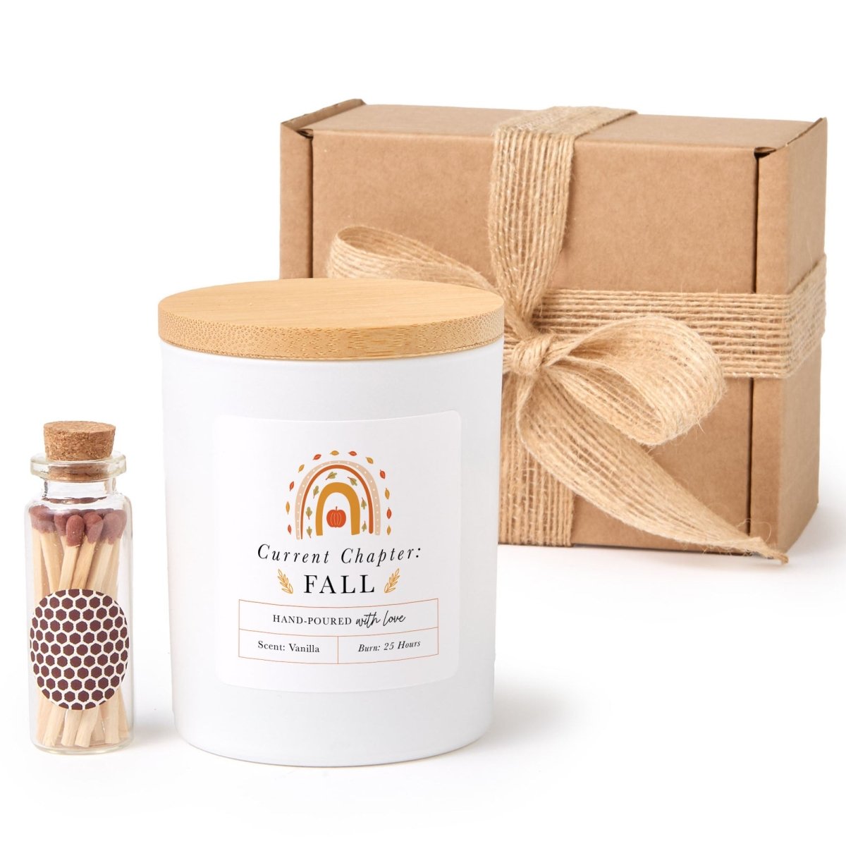 Fall Candle; Current Chapter Fall Autumn Decor, Pumpkin Label, Bamboo Lid, Mini Matches, and Gift Box
