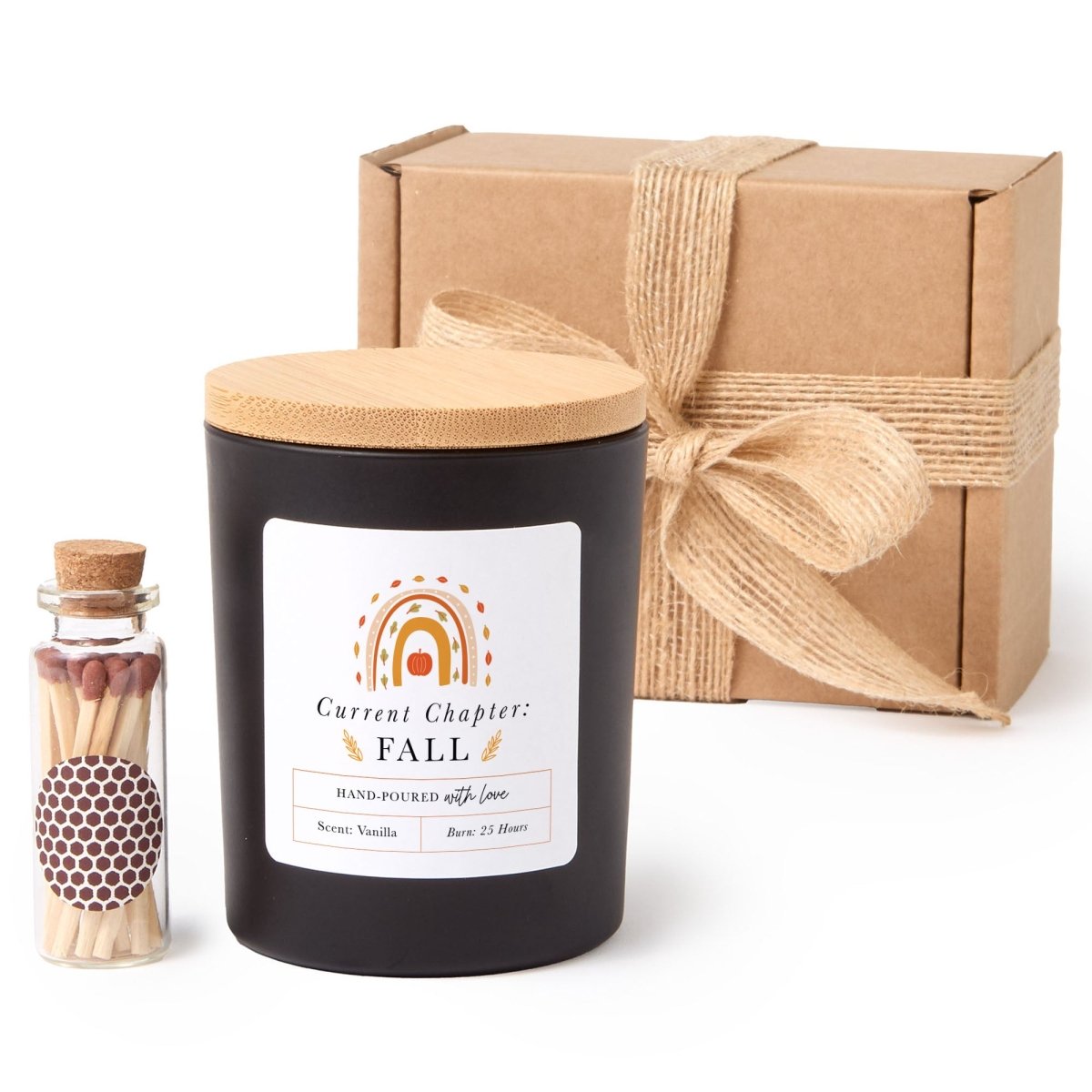 Fall Candle; Current Chapter Fall Autumn Decor, Pumpkin Label, Bamboo Lid, Mini Matches, and Gift Box