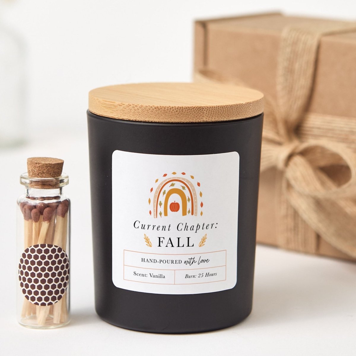 Fall Candle; Current Chapter Fall Autumn Decor, Pumpkin Label, Bamboo Lid, Mini Matches, and Gift Box