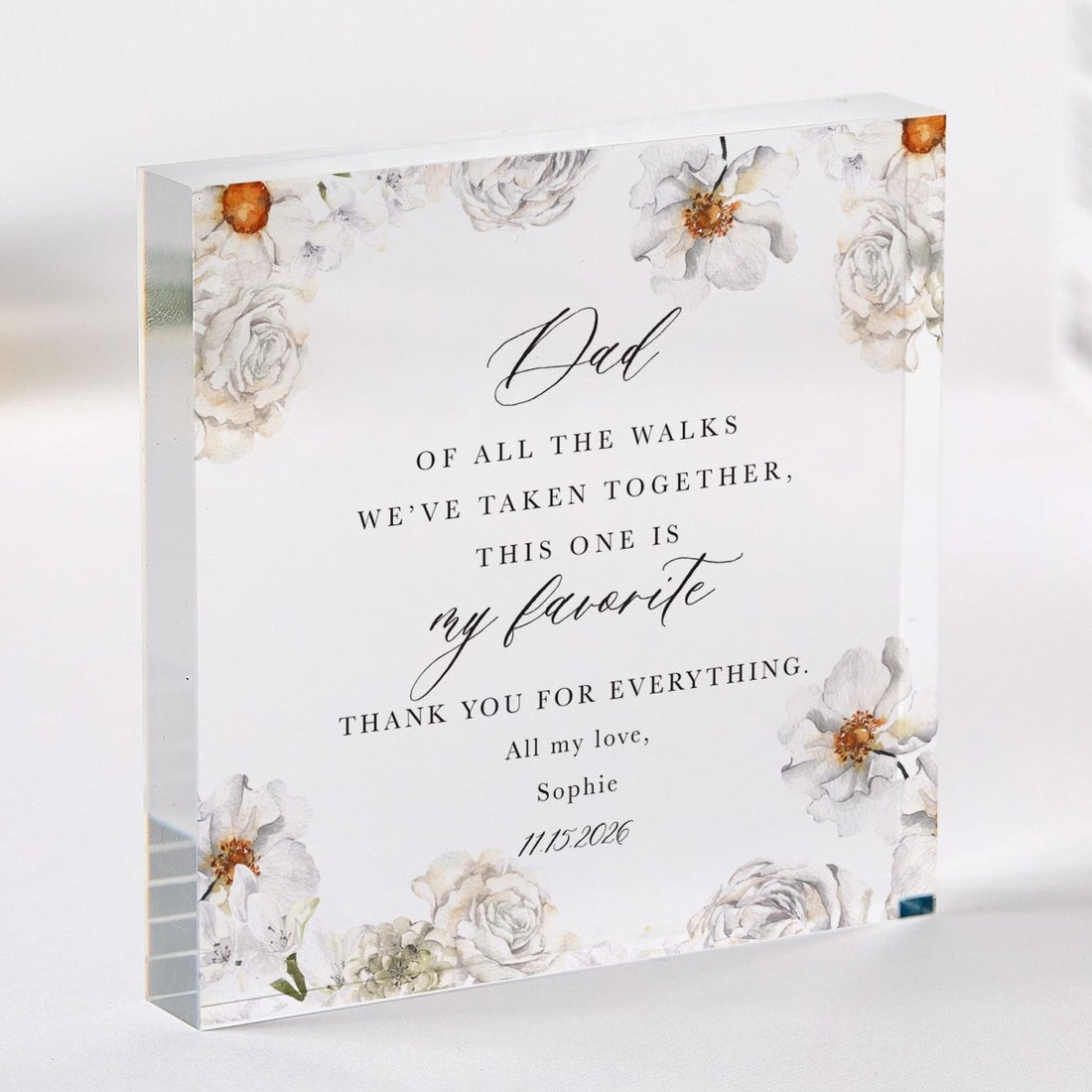 Father Plaque Gift for Dad, Personalized Acrylic Keepsake, White Floral Wedding Thank You Present